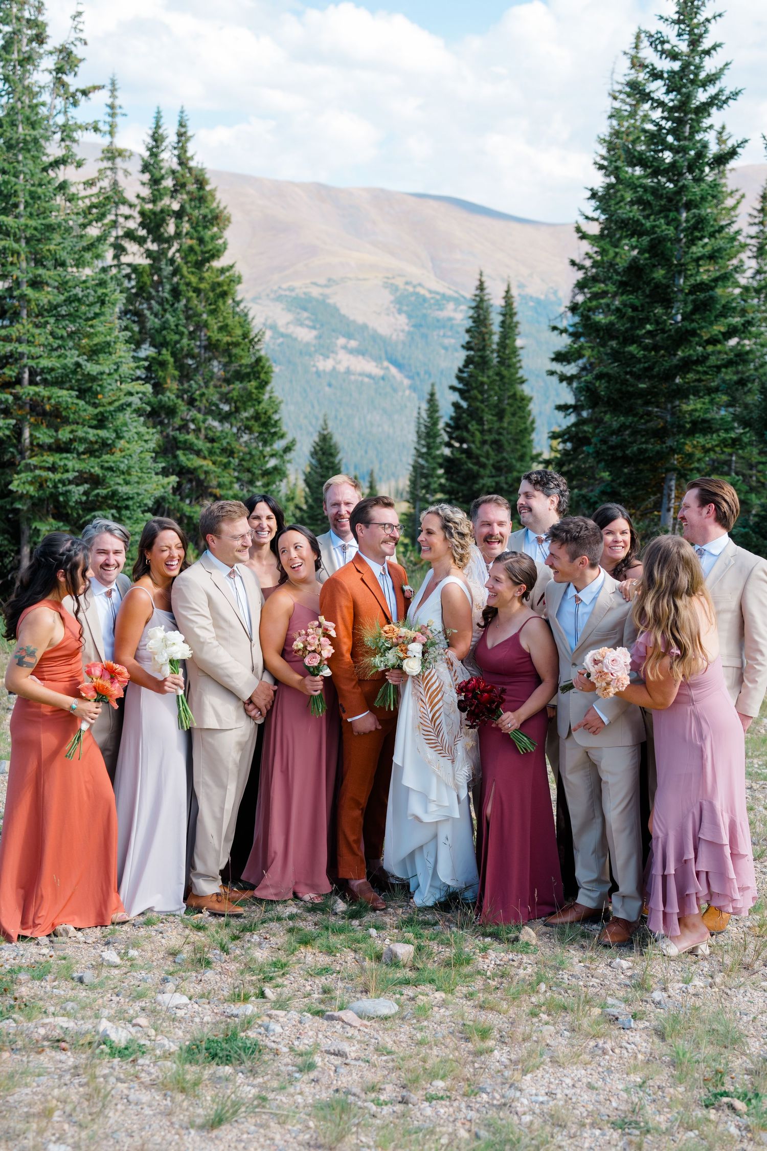 bride and groom with wedding party in front of mountains