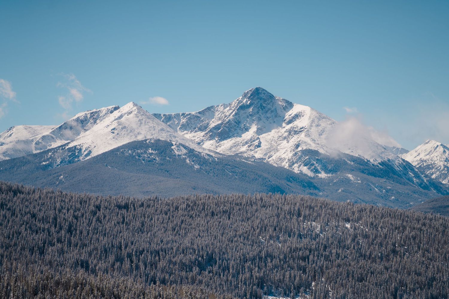 Snow-capped mountain peaks rise above dense evergreen forests under clear blue sky in a scenic panoramic landscape of Vail Mountain Wedding.