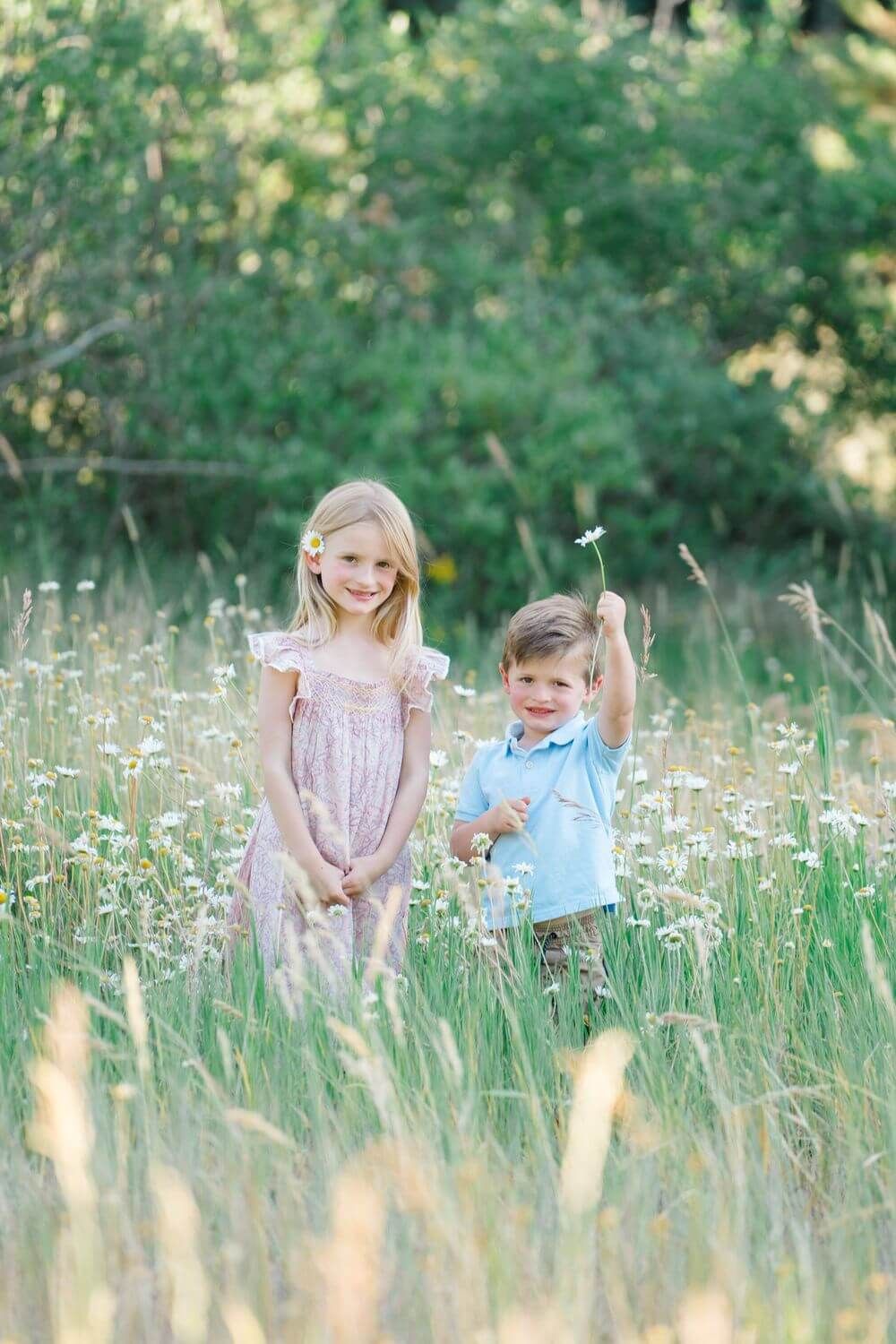 Two children play together in a summer meadow filled with blooming white wildflowers and tall grass - vail family photography locations.
