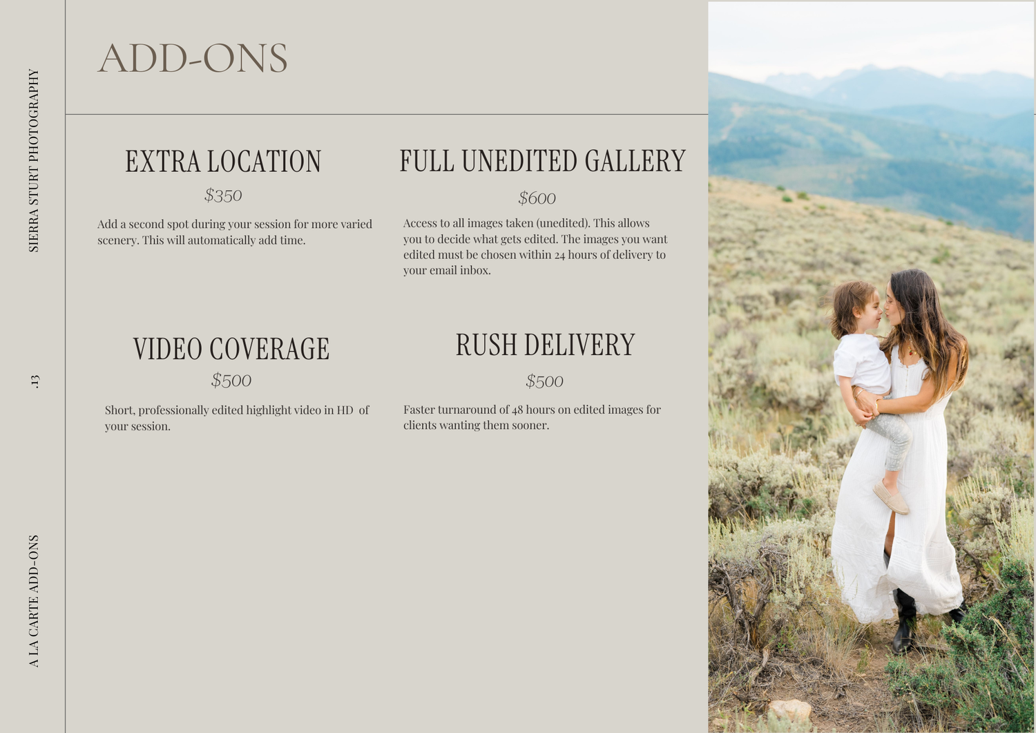 Wedding photography website layout showcasing portfolio images and service options against a clean white background.