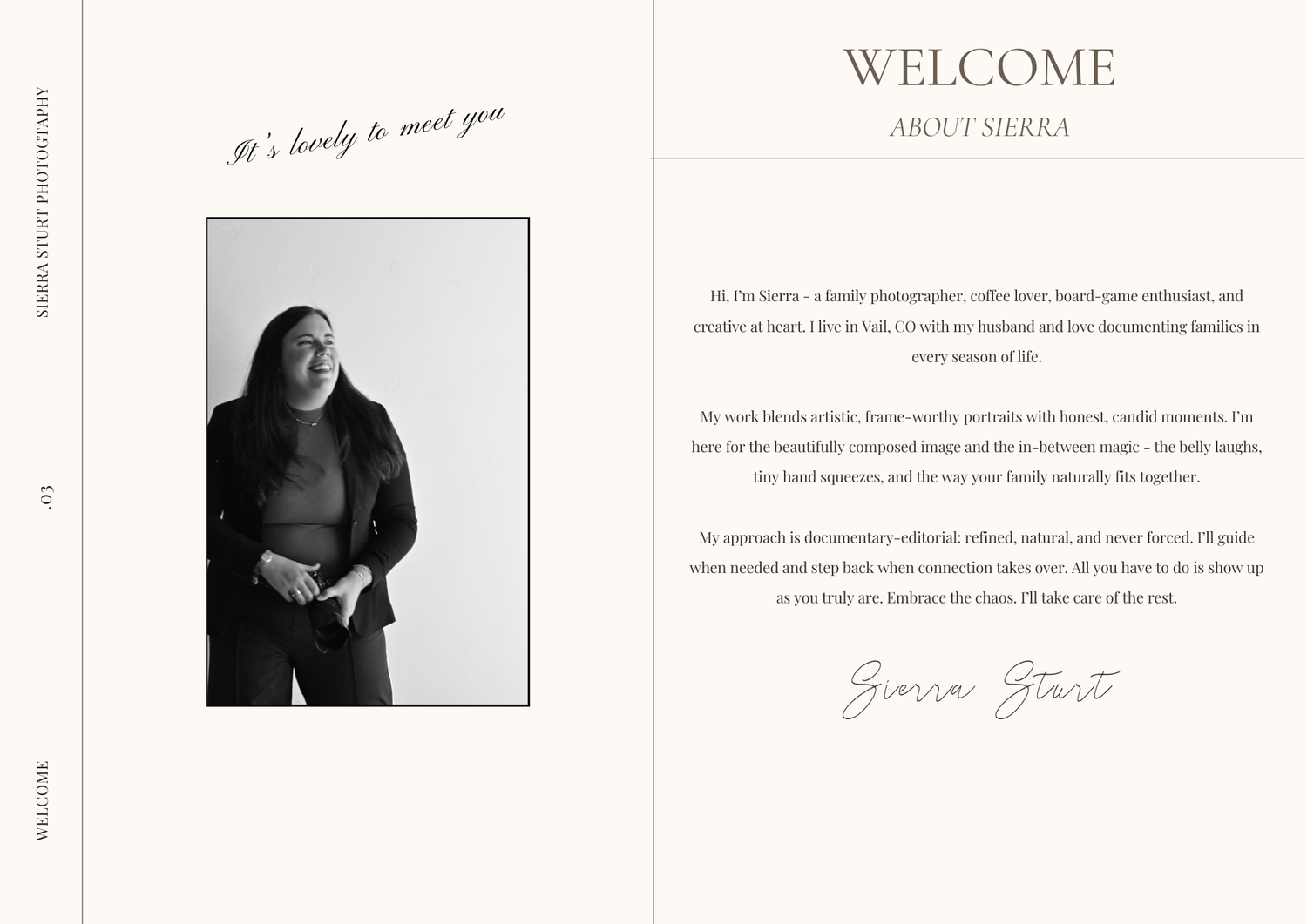 A black and white welcome page layout featuring an artistic portrait and elegant typography with handwritten signature.