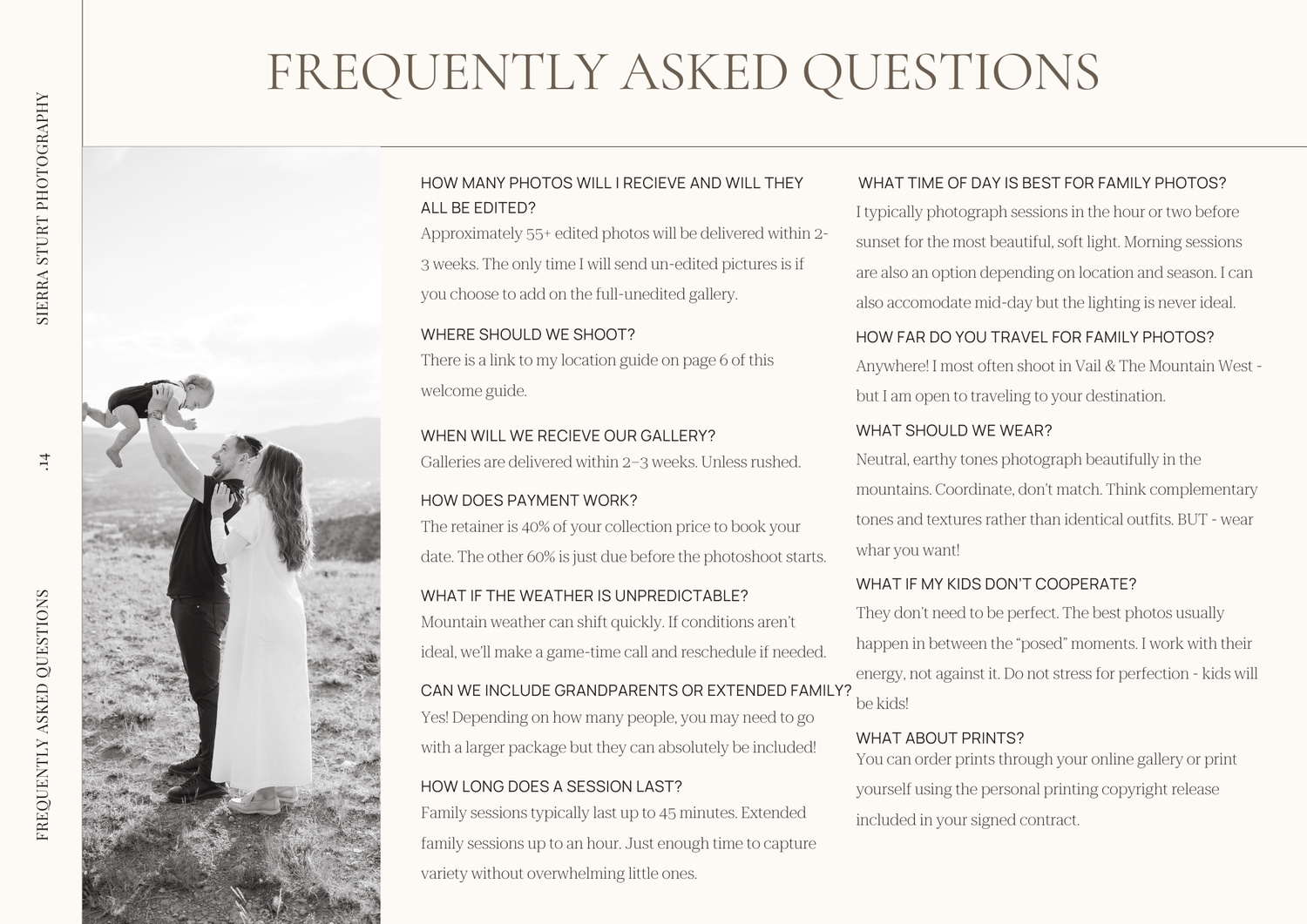 A black and white FAQ page layout with wedding text and a romantic couple photo on a cliffside.
