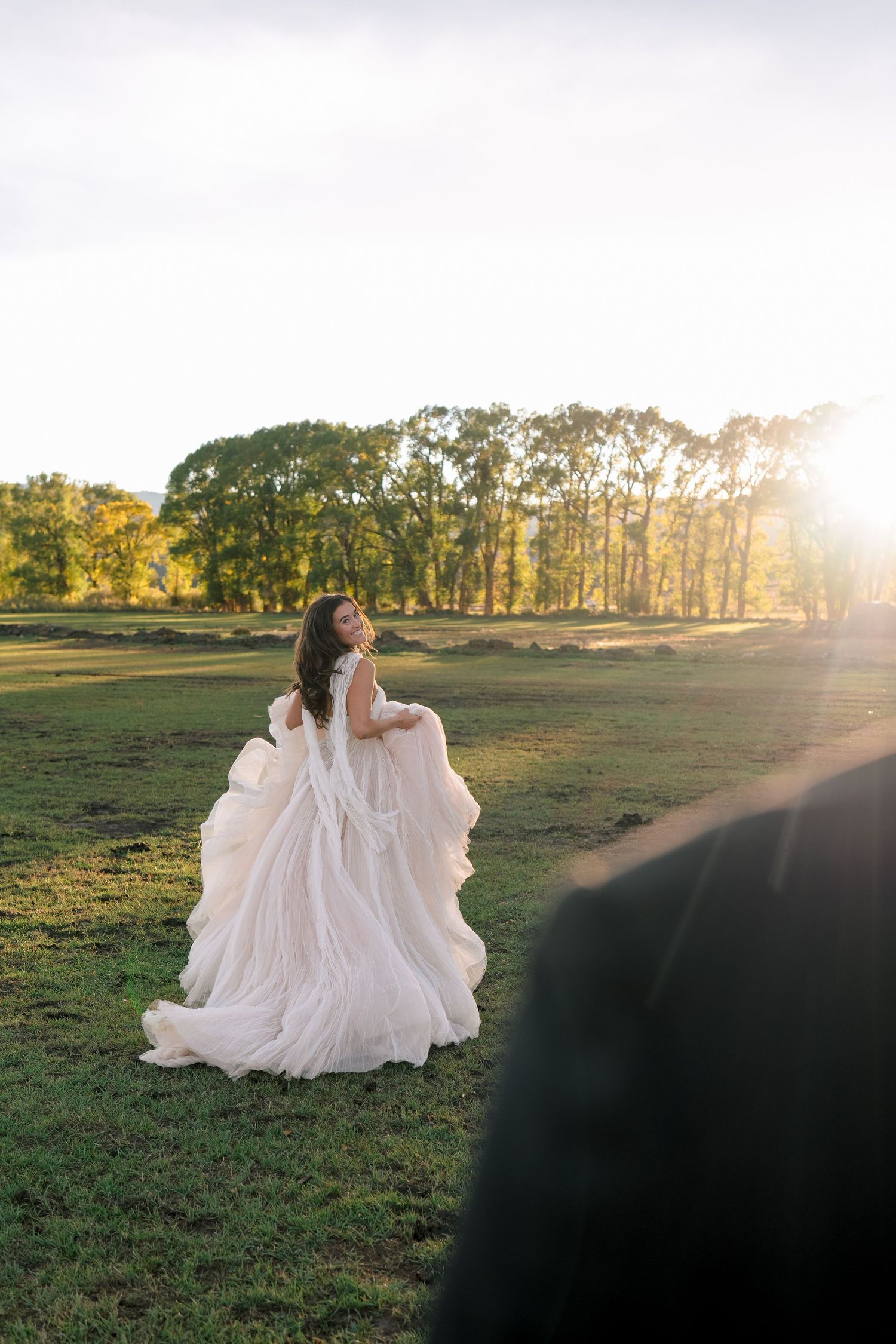 Bride in a flowing blush ballgown twirling in a sunlit green field with trees in the background.