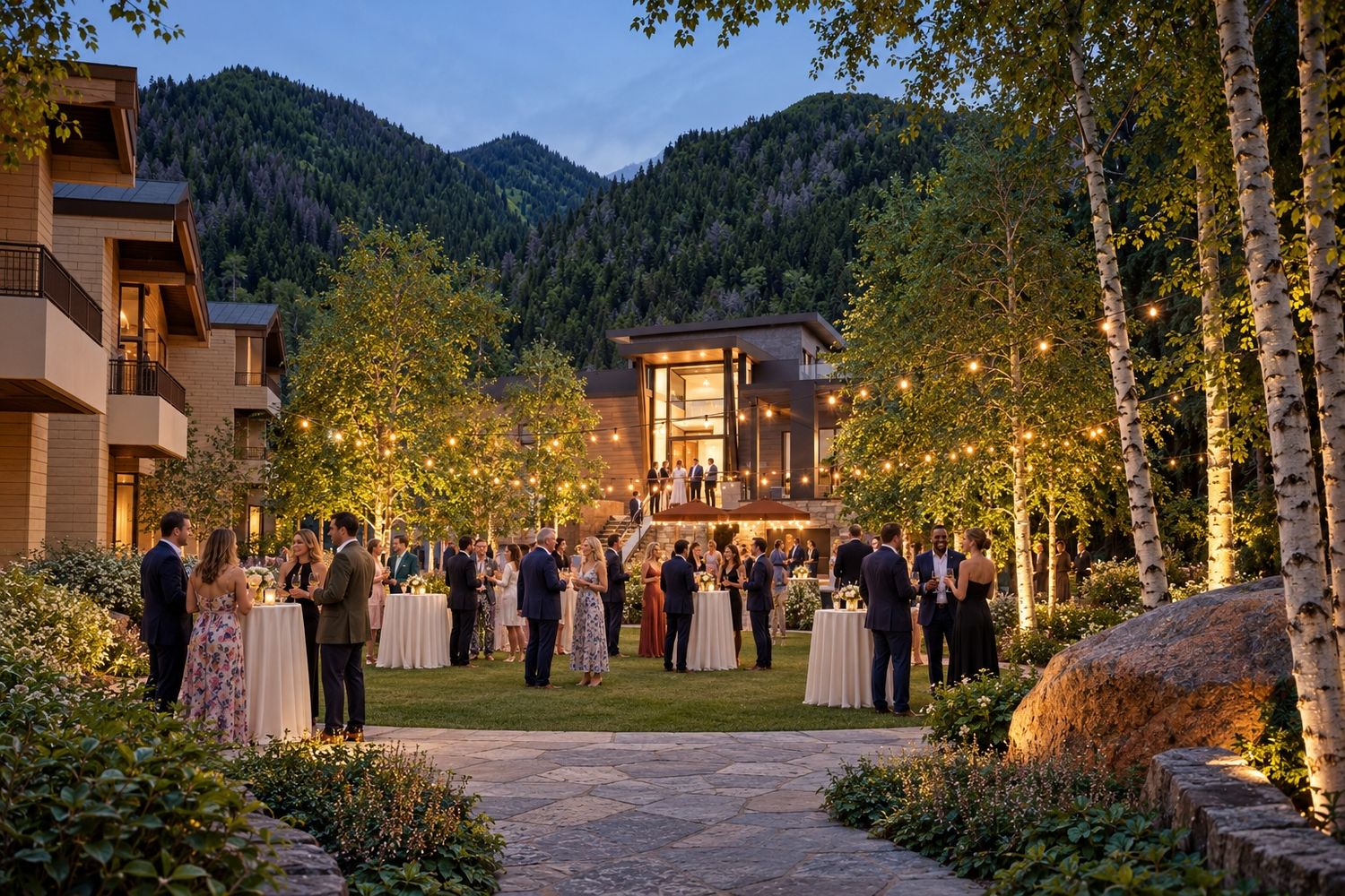 Elegant outdoor wedding reception at dusk with string lights, birch trees, and mountain backdrop in Aspen.