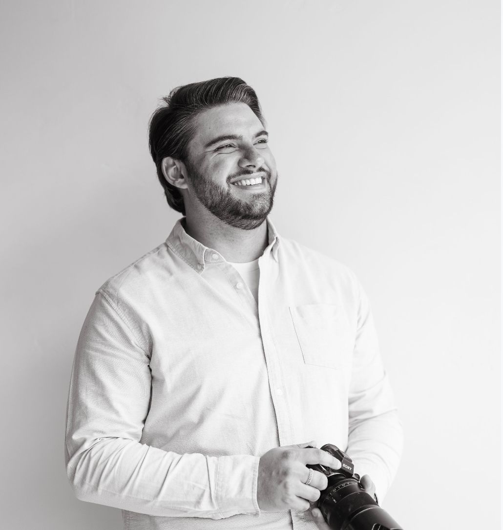 Series of black and white portraits showing expressions against a white background vail wedding videographer.
