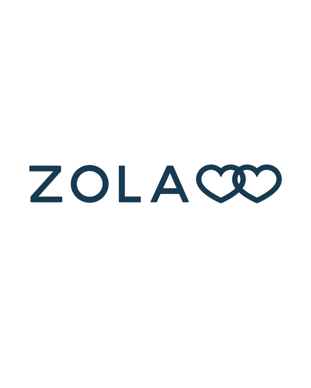A dark blue Zola logo design featuring a heart symbol incorporated into the text against a white background.