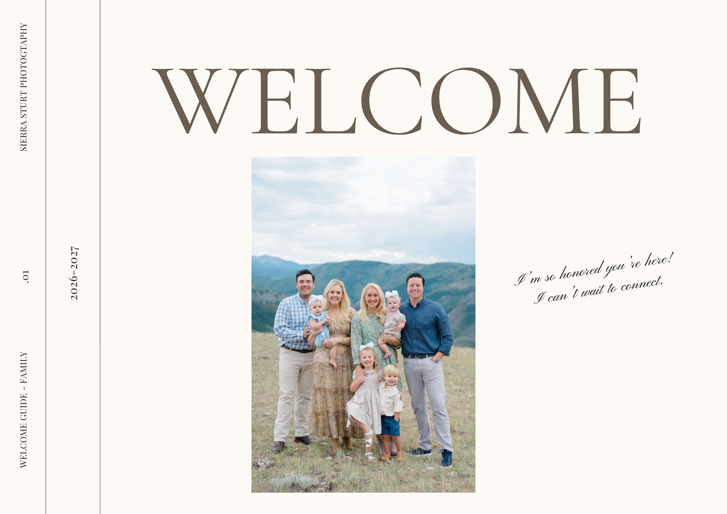A decorative welcome sign page layout with beach family photos and text in a neutral color scheme.