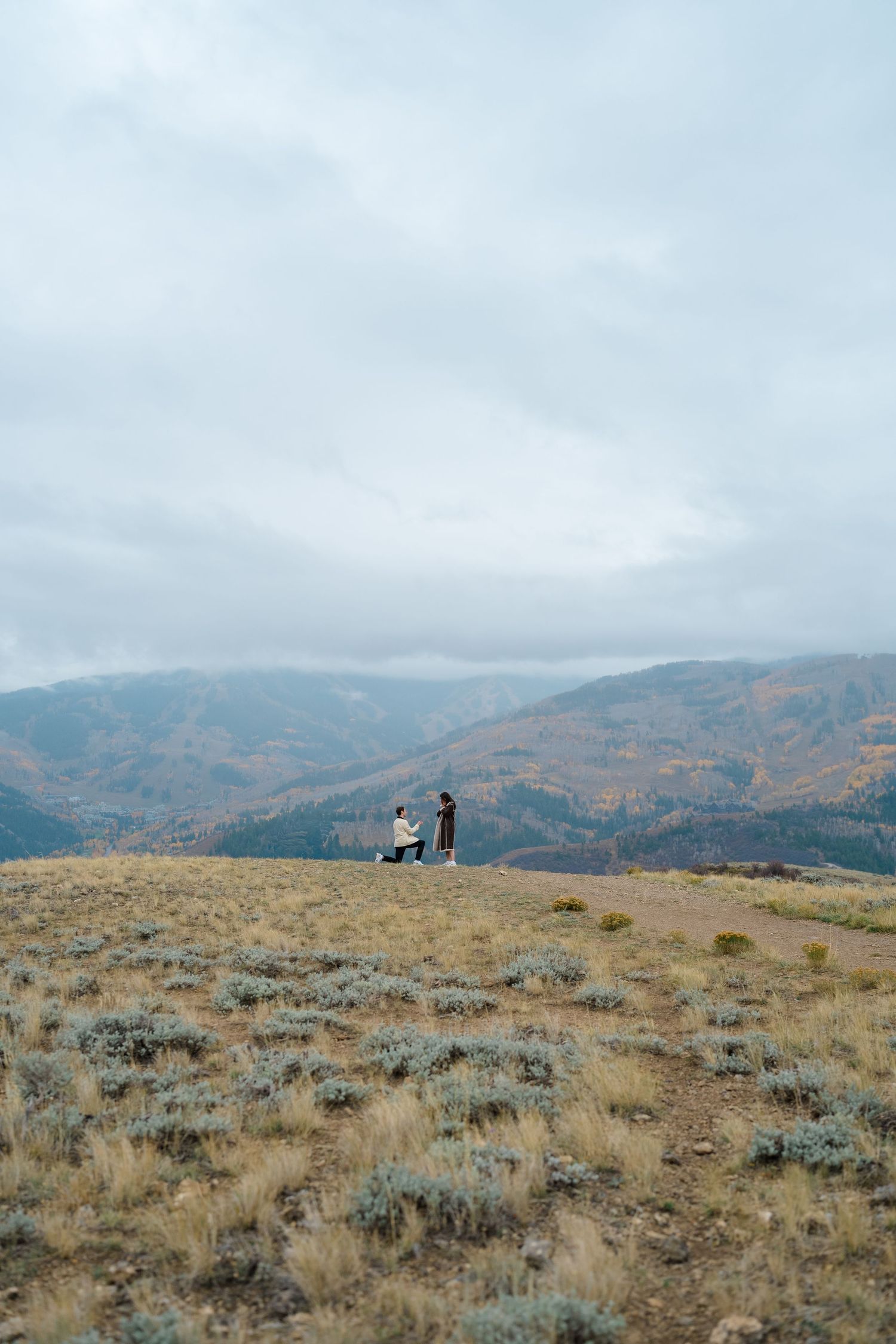Distant silhouettes of hikers and a dog stand on a hilltop overlooking mountain ranges covered in autumn foliage.
