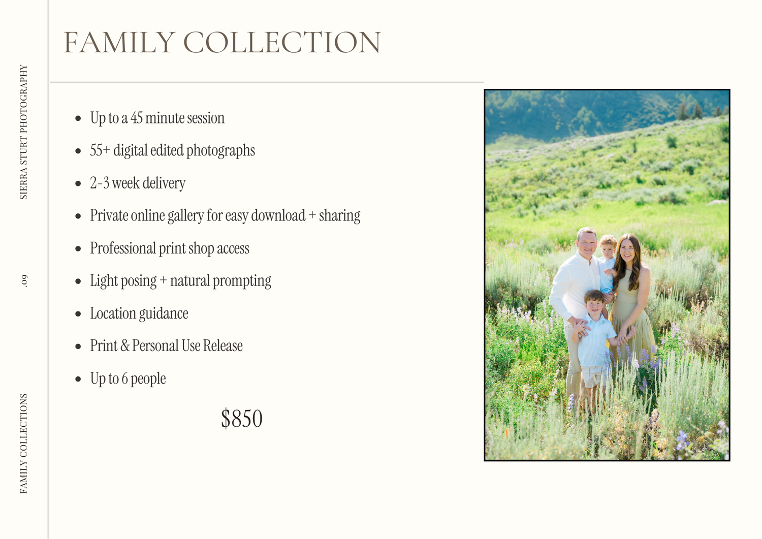 A family photography package pricing page showing a sample outdoor portrait in a green meadow setting with pricing at $850.