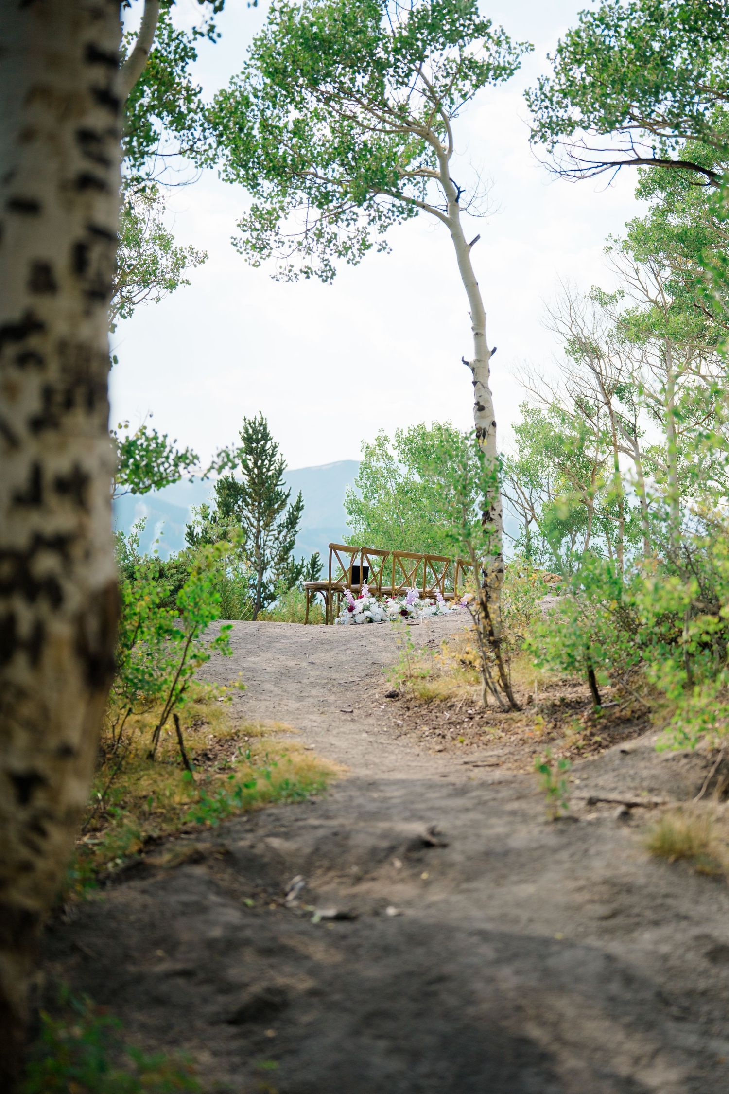 A dirt hiking trail winds through trees and brush with distant mountains visible in the background during Breckenridge wedding.