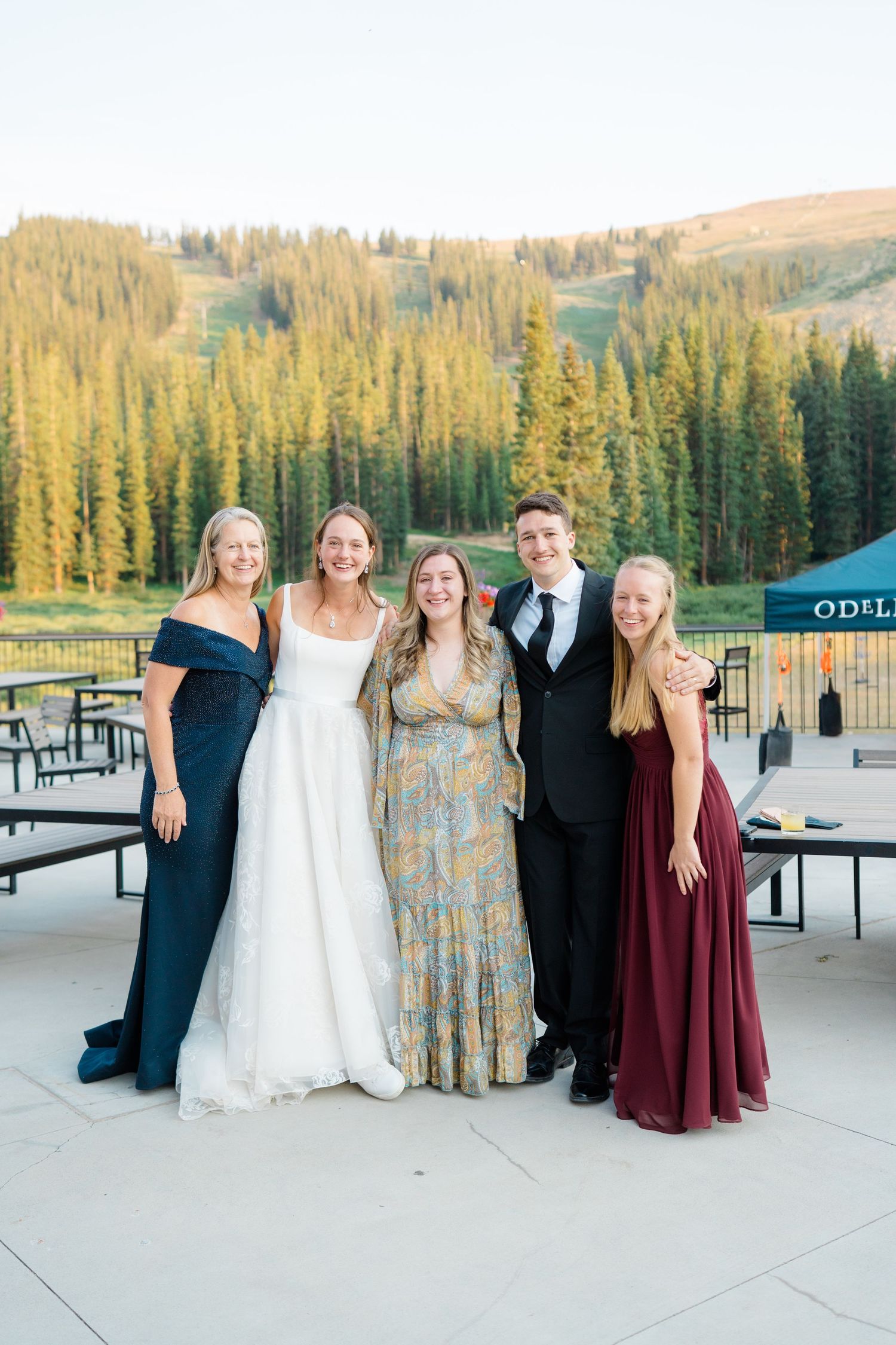 Wedding party poses together on an outdoor deck with mountain scenery and forest in the background.
