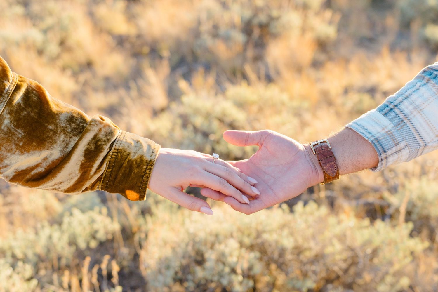 Two hands reaching out to touch each other in a romantic moment against a sunlit desert landscape background.