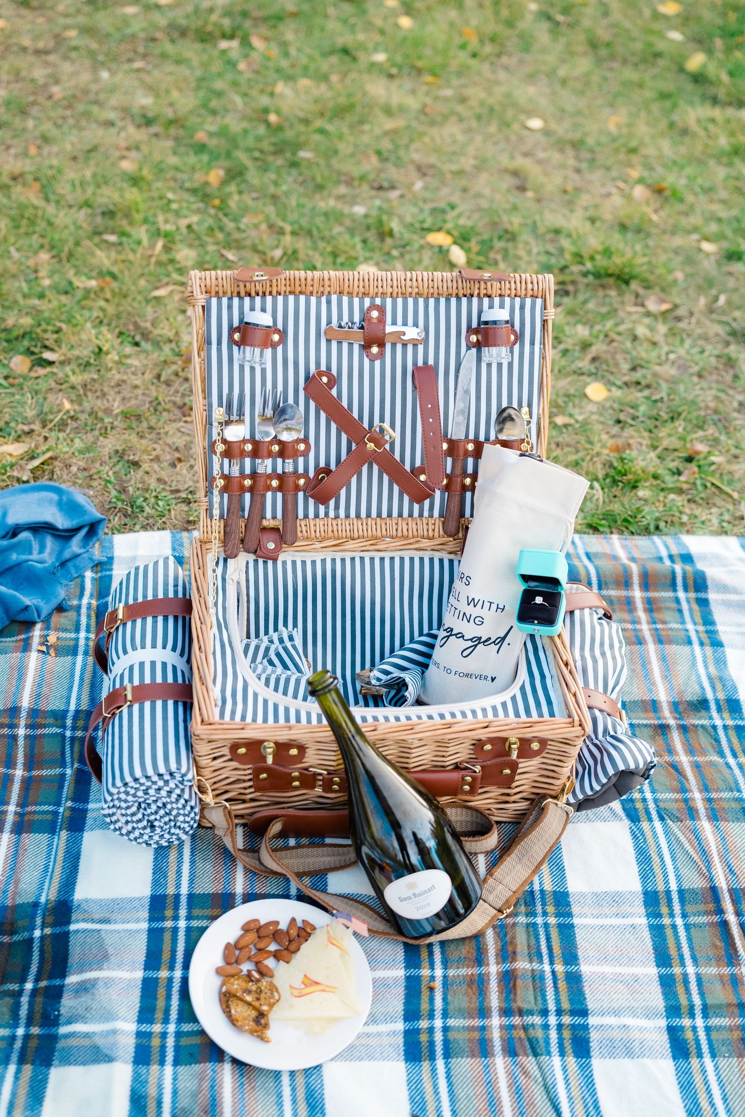 Vintage picnic basket with blue striped lining sits on plaid blanket with wine and snacks on grass.