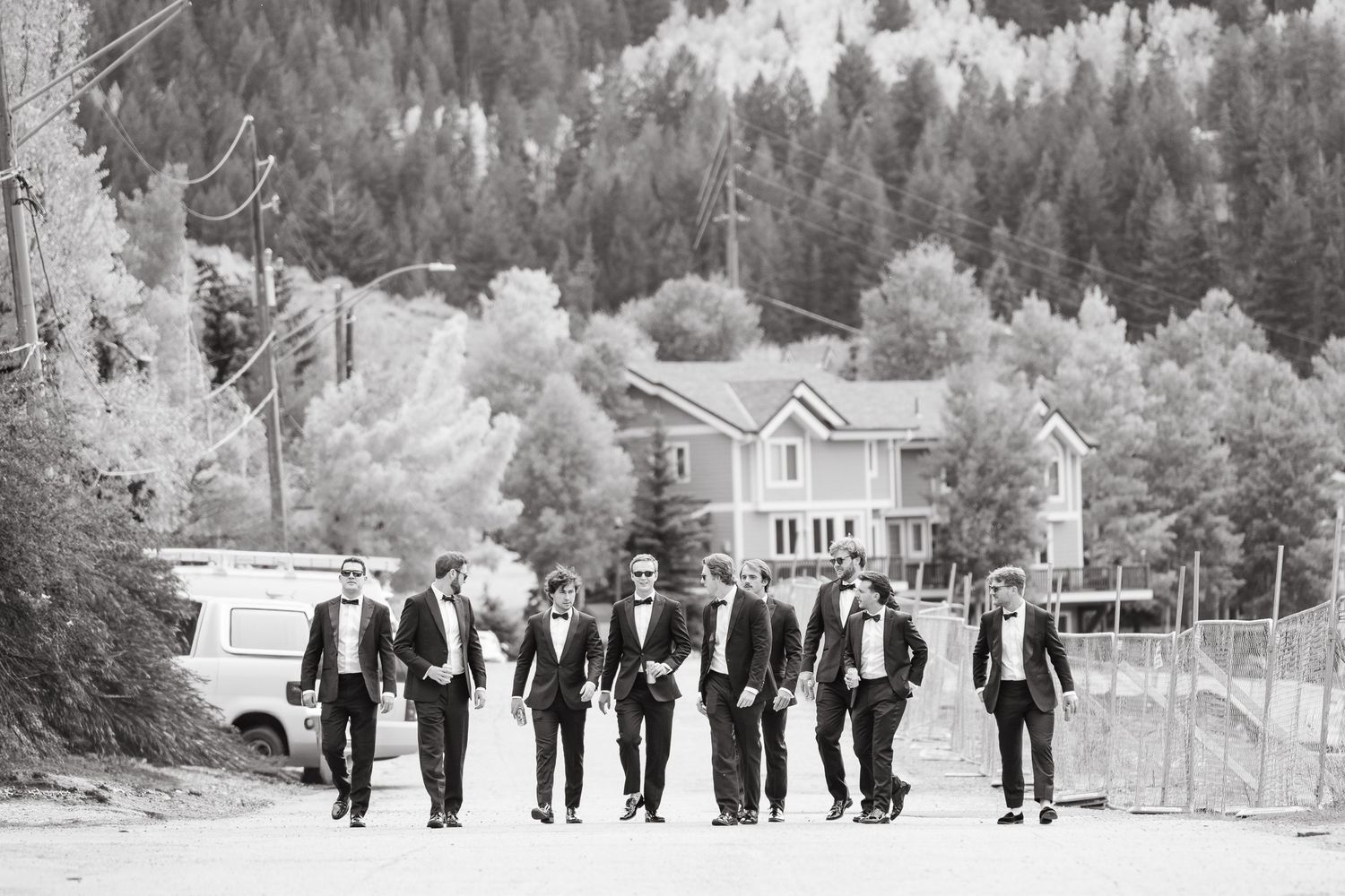 Wedding party poses in black and white photo with mountain landscape backdrop.