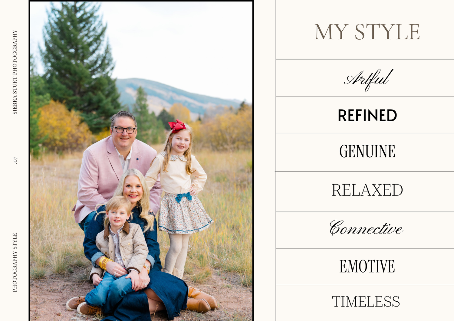 Outdoor family portrait in autumn field with evergreen tree and rolling hills, styled with text showing personality traits.