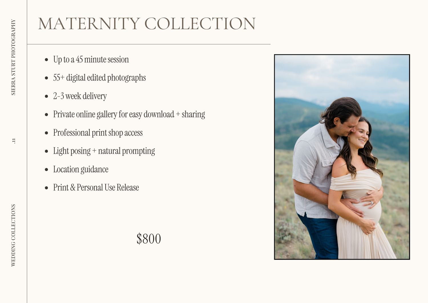 A maternity photography pricing sheet showing package details and a romantic outdoor photo against a mountain backdrop.