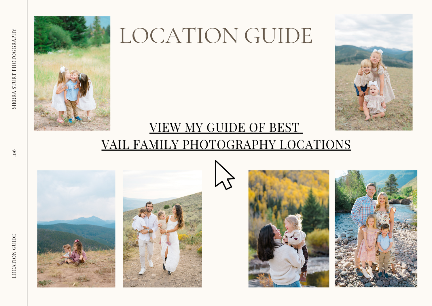 A location guide collage showcasing scenic mountain views and outdoor photo spots in Vail for family photography sessions.