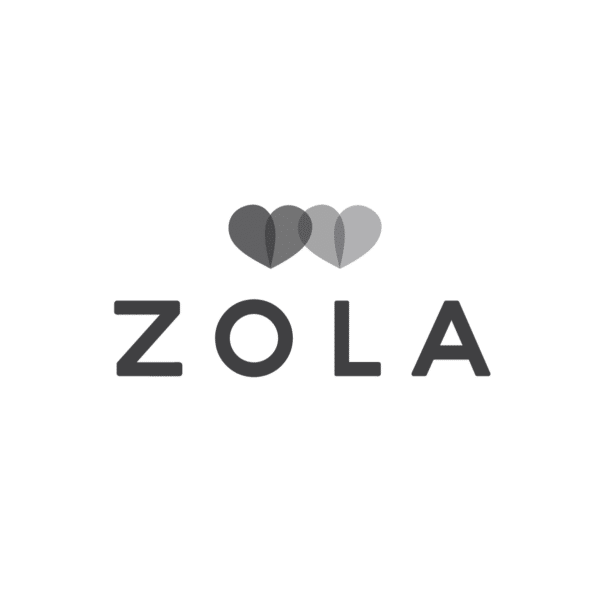 Zola wedding registry logo featuring two overlapping hearts in gray tones above bold uppercase letters spelling ZOLA.