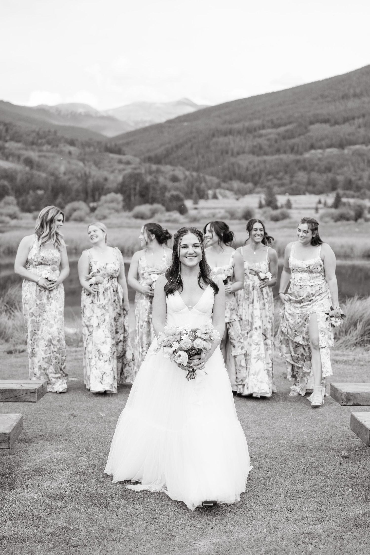 Wedding party poses on grass with mountain backdrop in black and white photography.