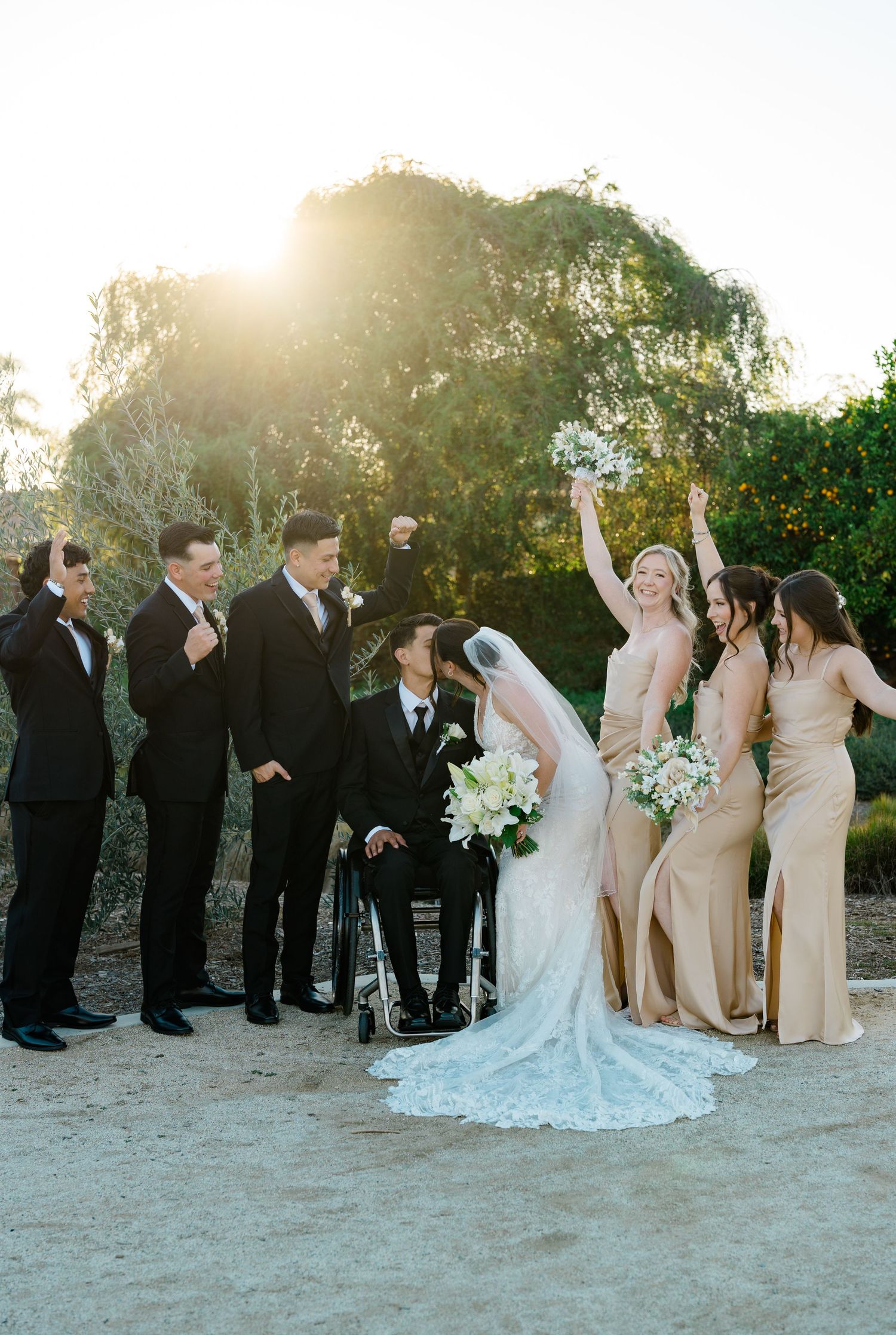 Amber and Neven Hart celebrate their wedding party at sunset at Canopy Grove in Escondido, California, photographed by Sierra Sturt Photo.