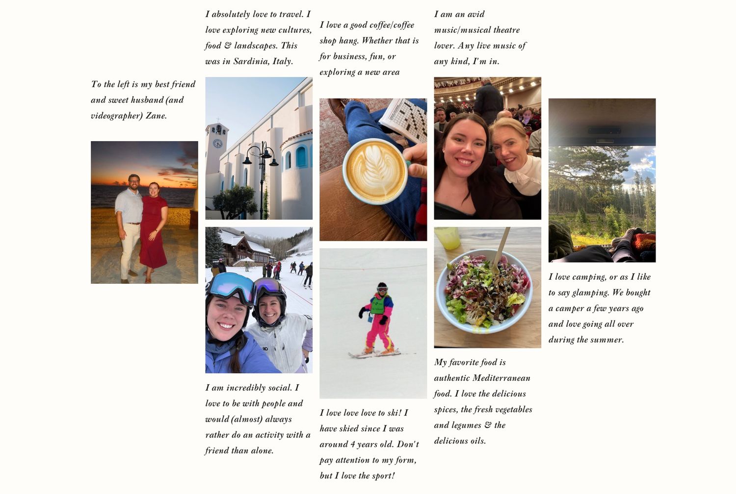 A grid of Instagram-style photos showing food, landscapes, coffee art, and outdoor activities arranged in a social media layout.