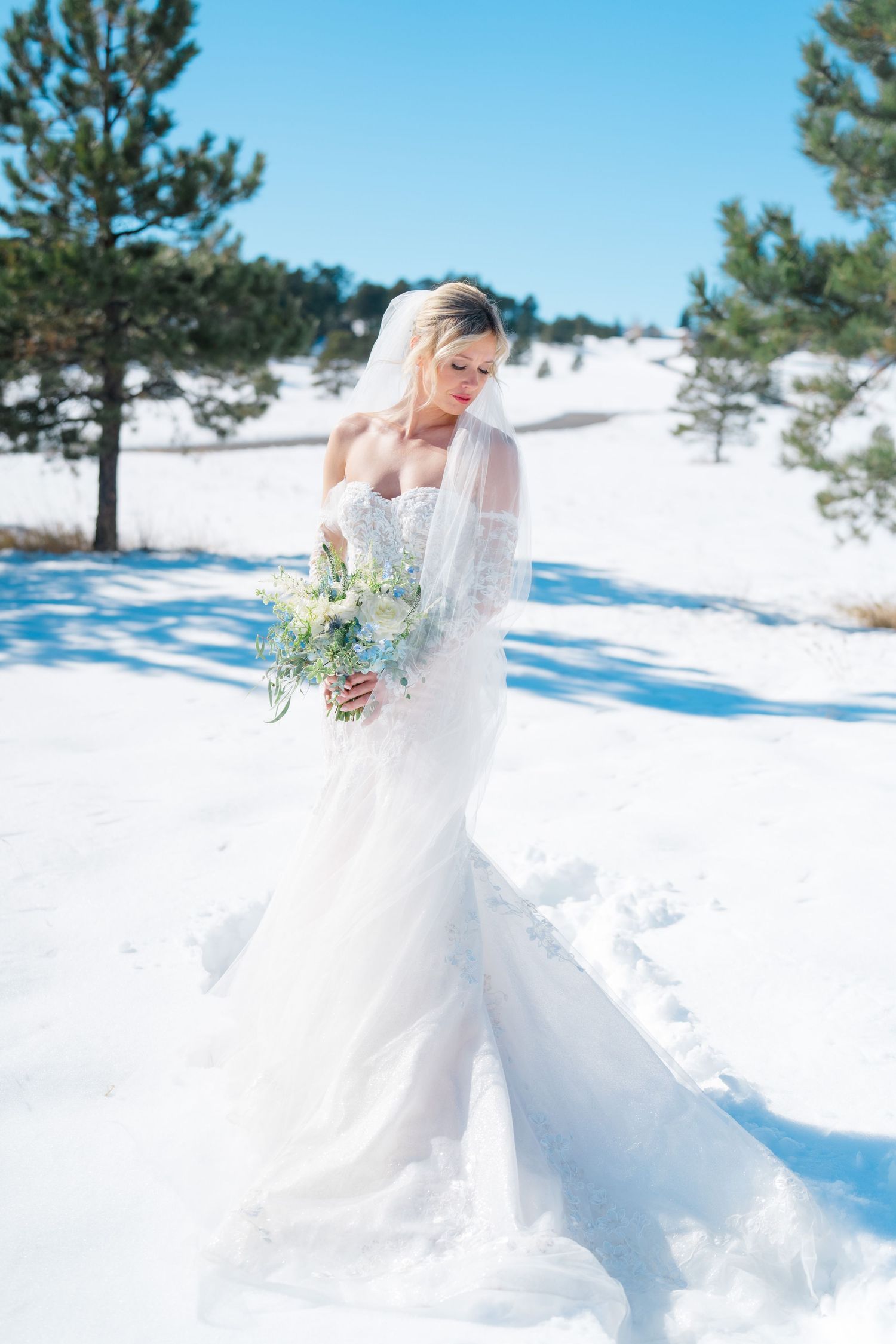 A white wedding dress contrasts beautifully against fresh snow with evergreen trees in the background.
