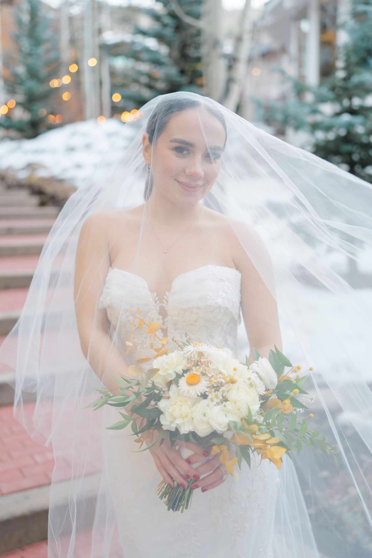 bride with veil over head looking at camera during vail proposal.
