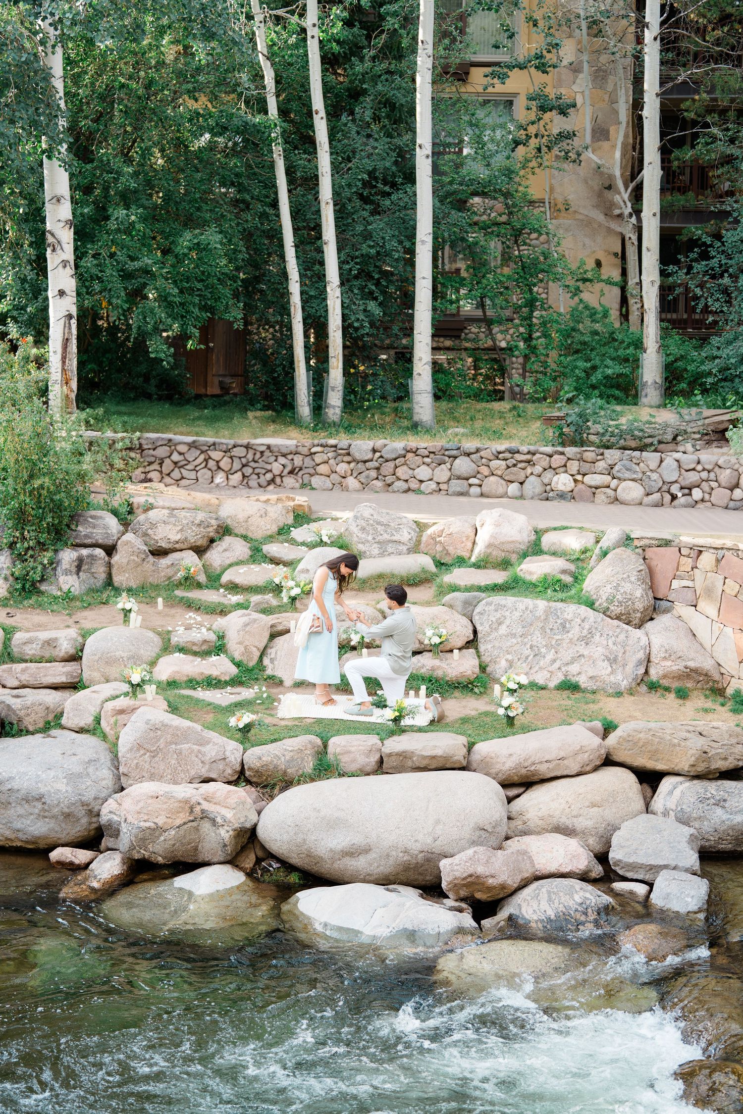 A scenic creek with large rocks and birch trees where someone sits on the stone wall with their dog.