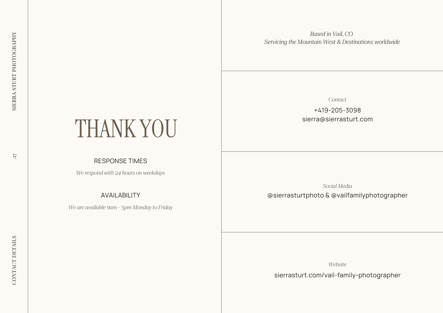 Minimalist black and white thank you card design with clean typography and contact information layout.