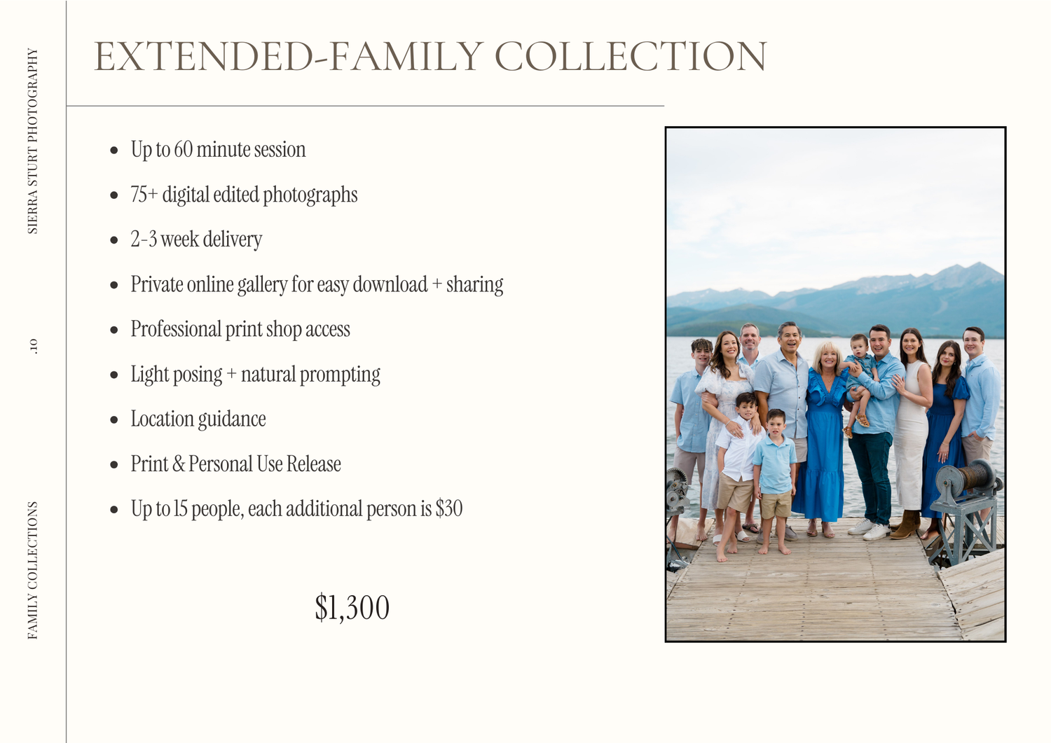 Extended family photo collection pricing page showing package details and sample beach portrait.