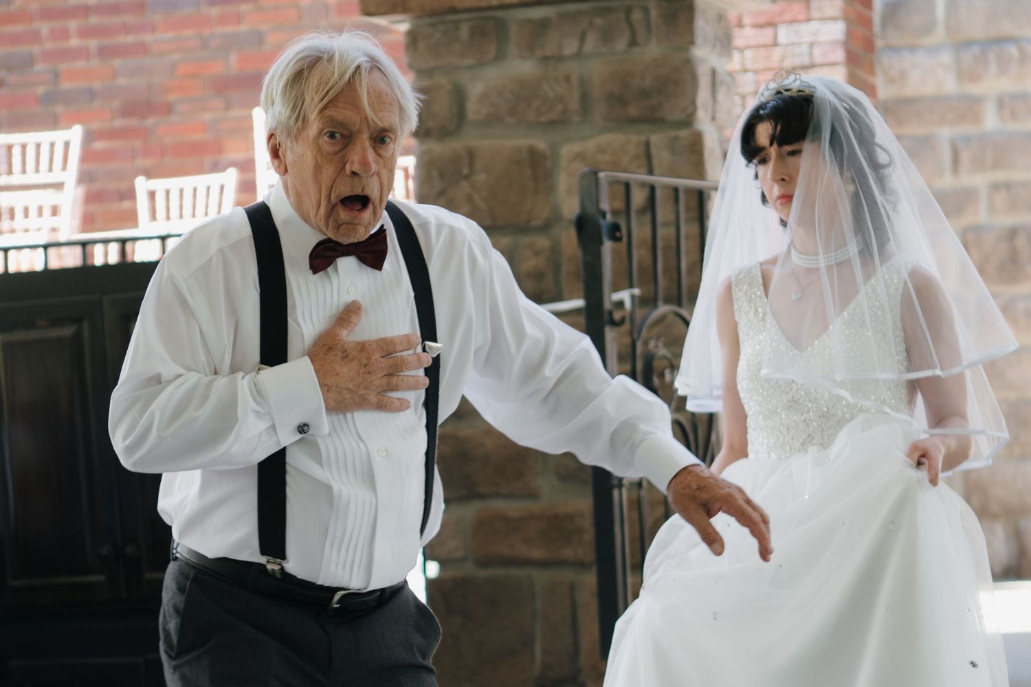 bride and groom from murder mystery co acting at sugar hollow crossing