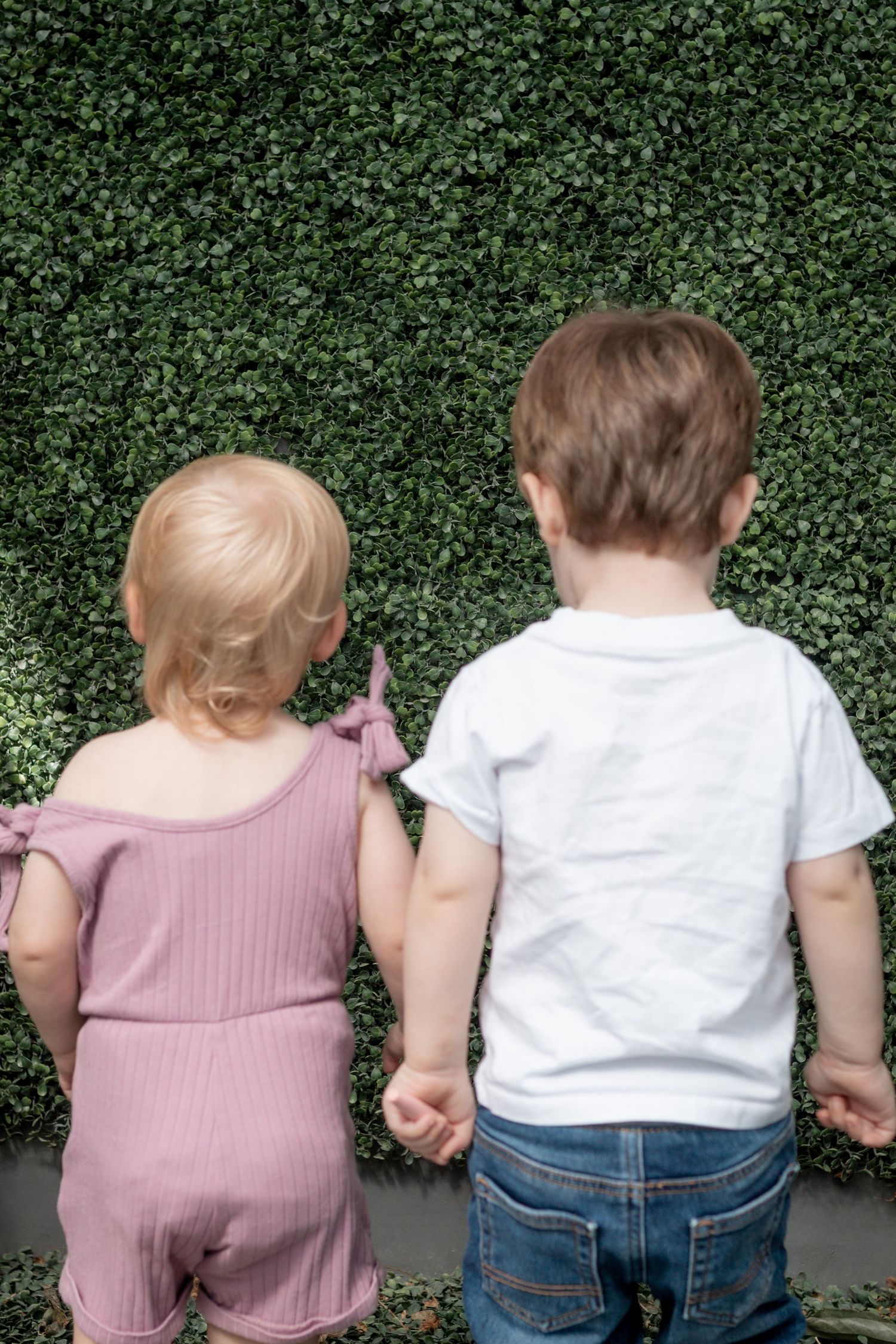 Two toddlers holding hands facing a green hedge wall, girl in pink romper and boy in white shirt and jeans.