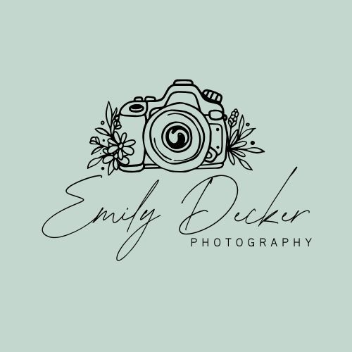 Elegant photography logo design featuring handwritten text and camera icon with floral accents on mint green background.