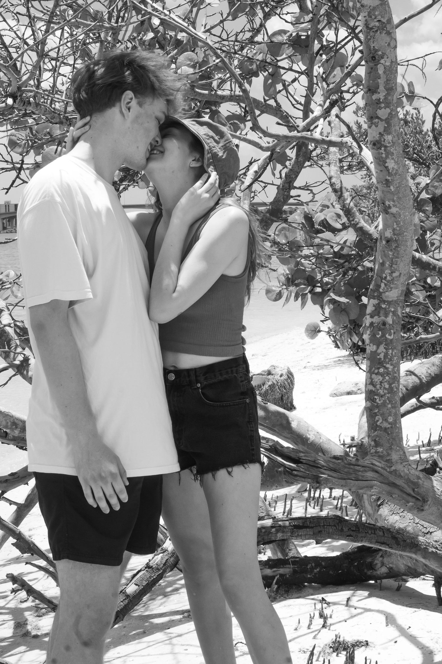 Four black and white photos show a couple sharing intimate moments while sitting on a tree branch at the beach.