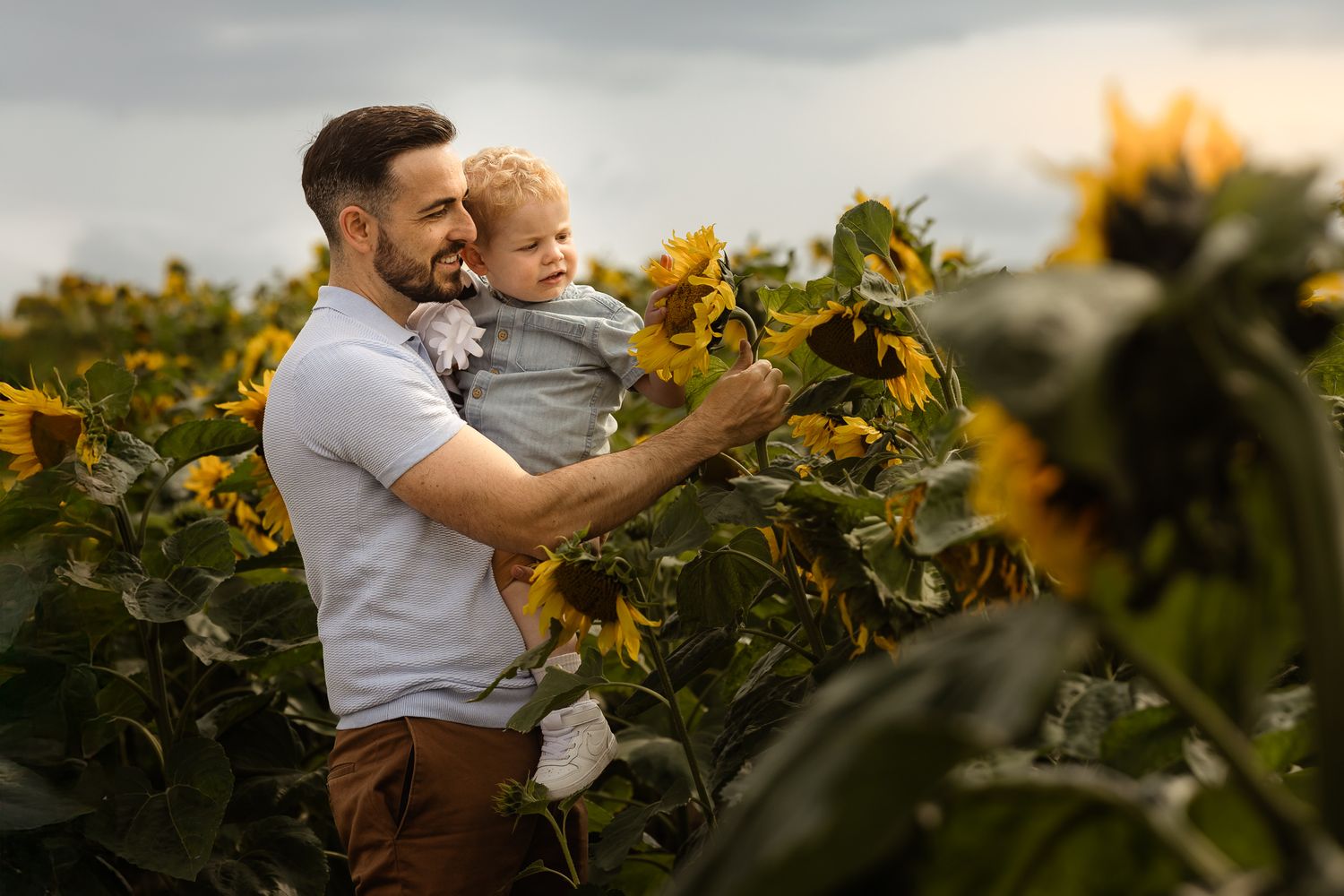 A couple embraces lovingly in a field of vibrant yellow sunflowers during golden hour.