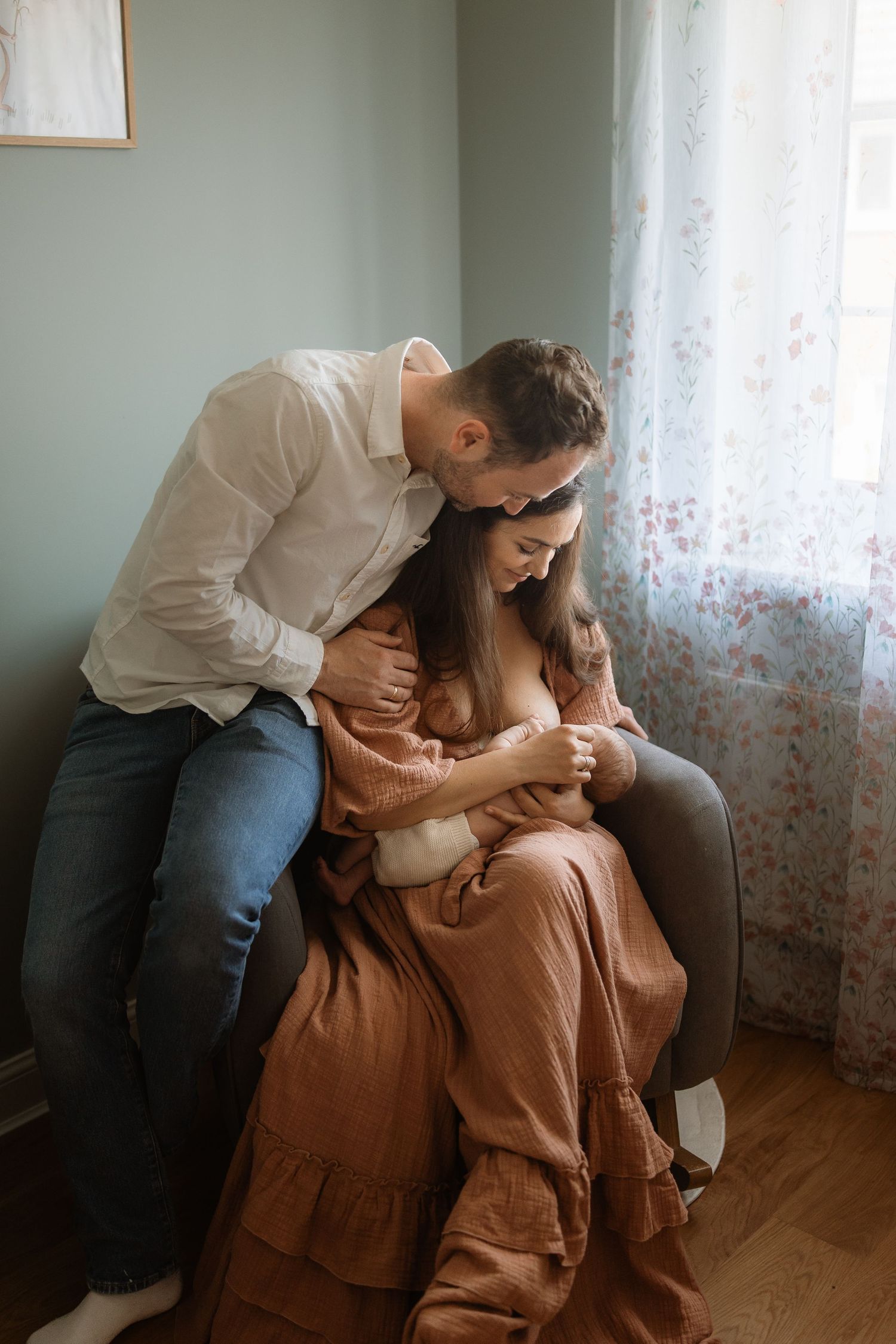 A tender family moment captured in a series of intimate photographs showing affection and connection in a sunlit room.