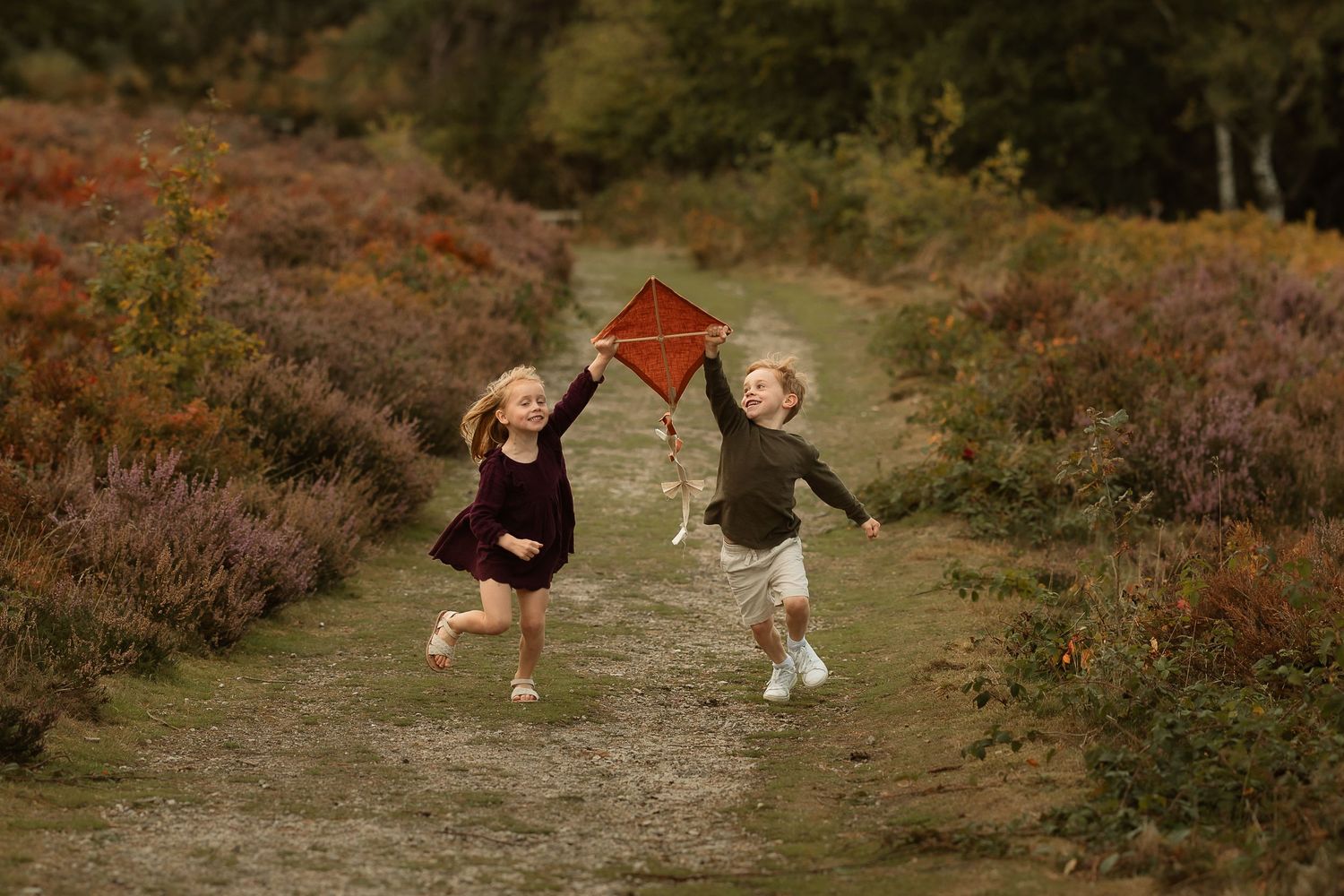Two children run joyfully down a dirt path with a red kite on a beautiful autumn day surrounded by purple heather.