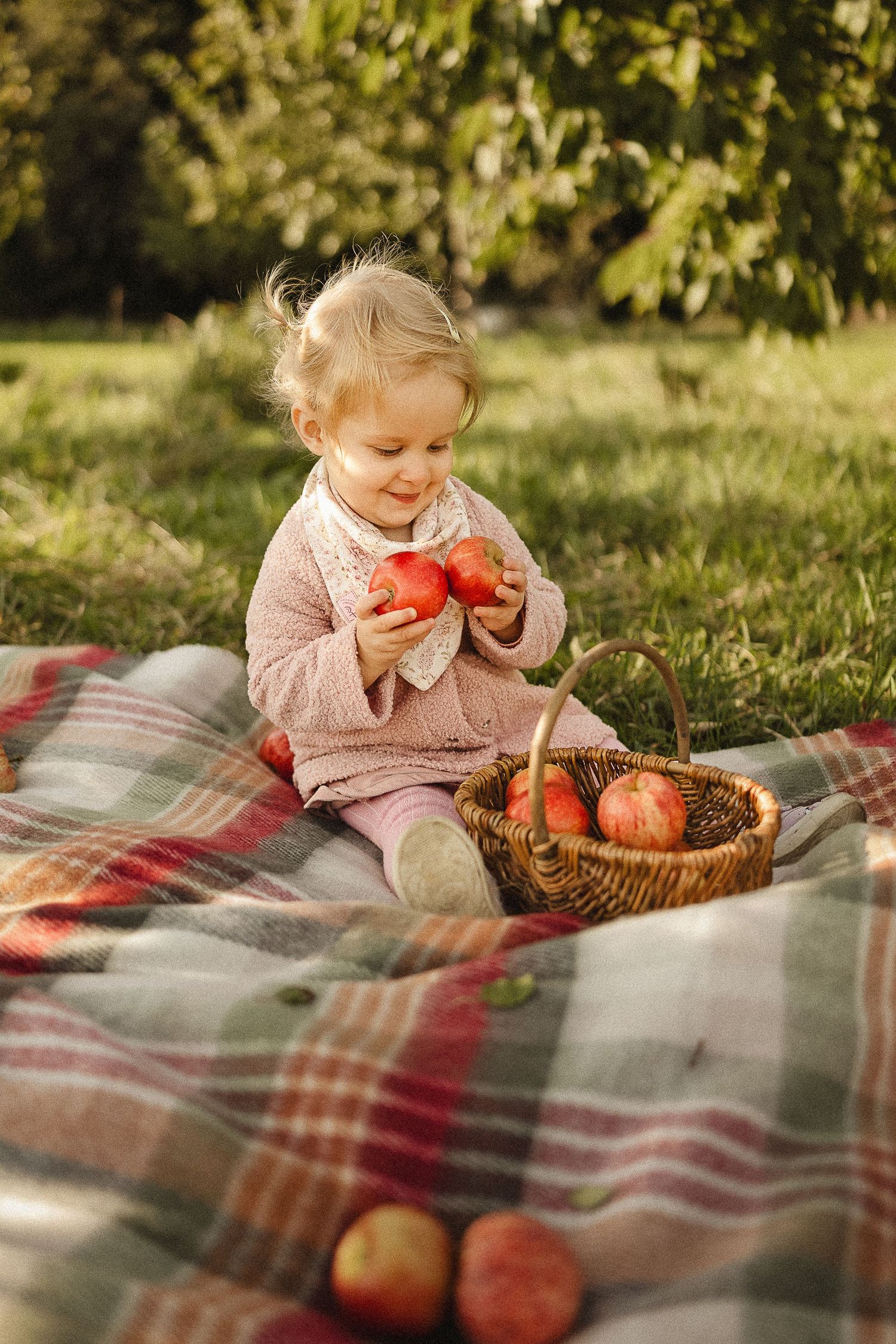 A child sits on a plaid blanket outdoors with a basket of autumn pumpkins and apples in warm golden light.