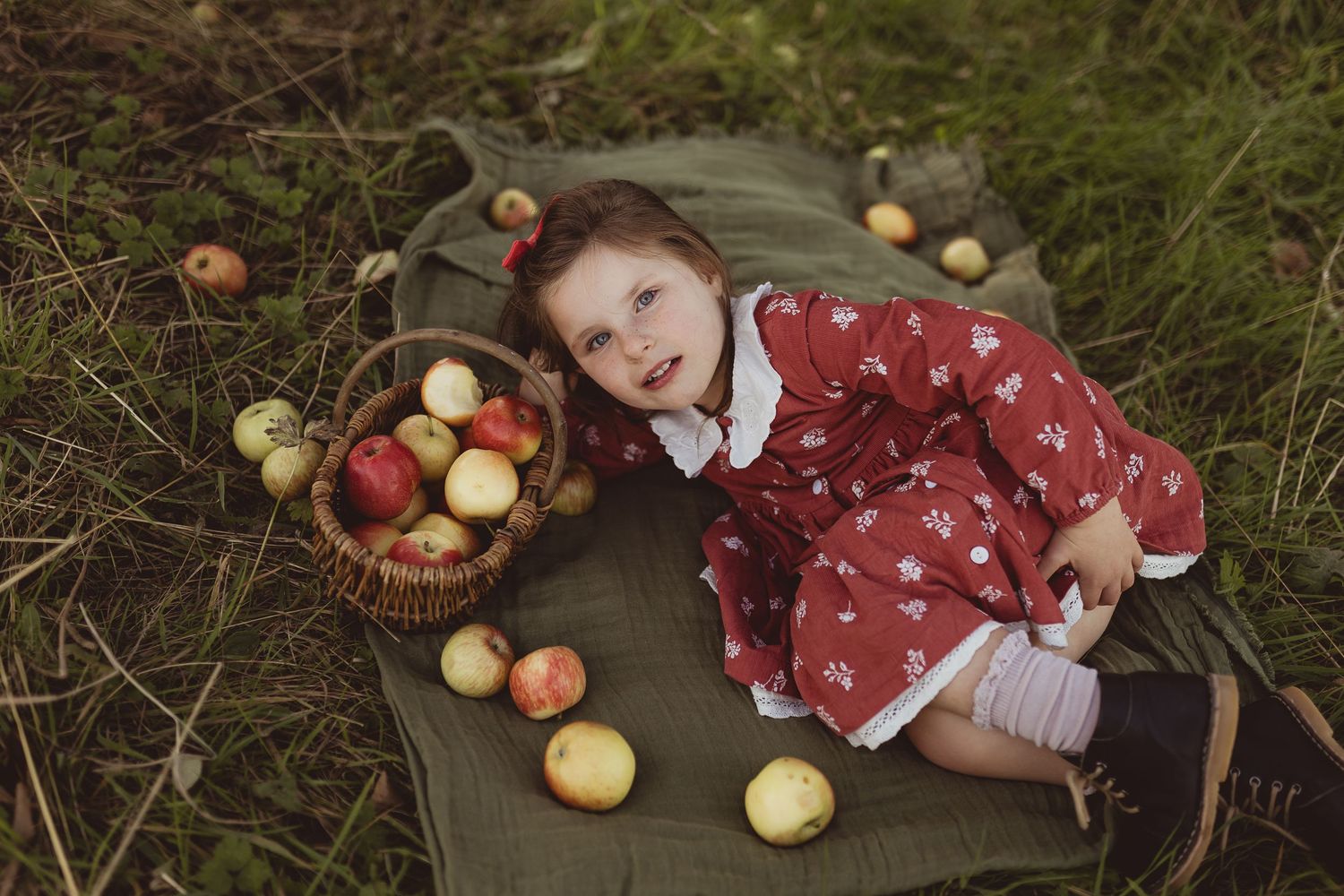 A sequence of photos showing apples being collected from the grass and placed into a rustic wooden basket.