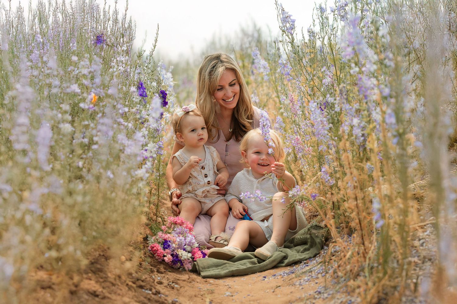 A collection of outdoor lifestyle photos showing people sitting among tall wildflowers and grasses in a natural setting.