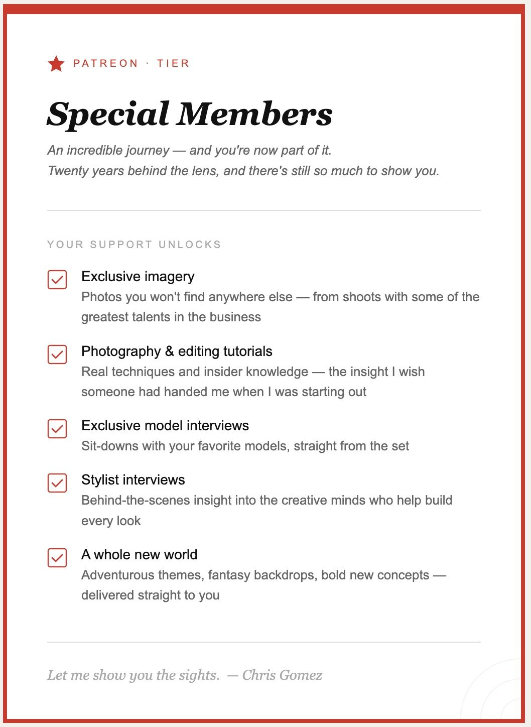 Patreon Special Members tier page listing exclusive benefits like imagery, tutorials, model interviews, and stylist interviews.