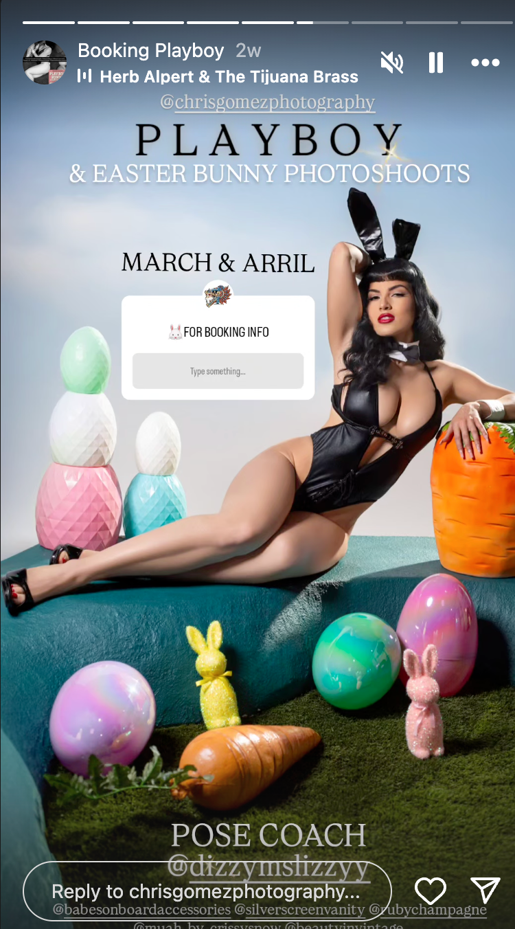 Playboy Easter Bunny photoshoot promotional flyer featuring a model in bunny costume with colorful Easter eggs.