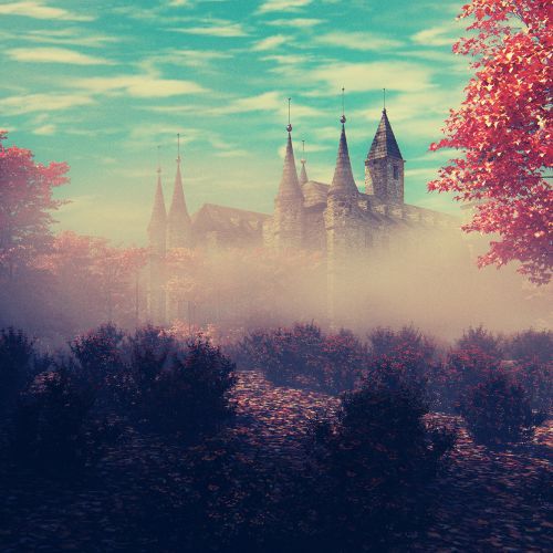 Dreamy castle with spires emerges from morning mist beneath turquoise sky and pink cherry blossoms.