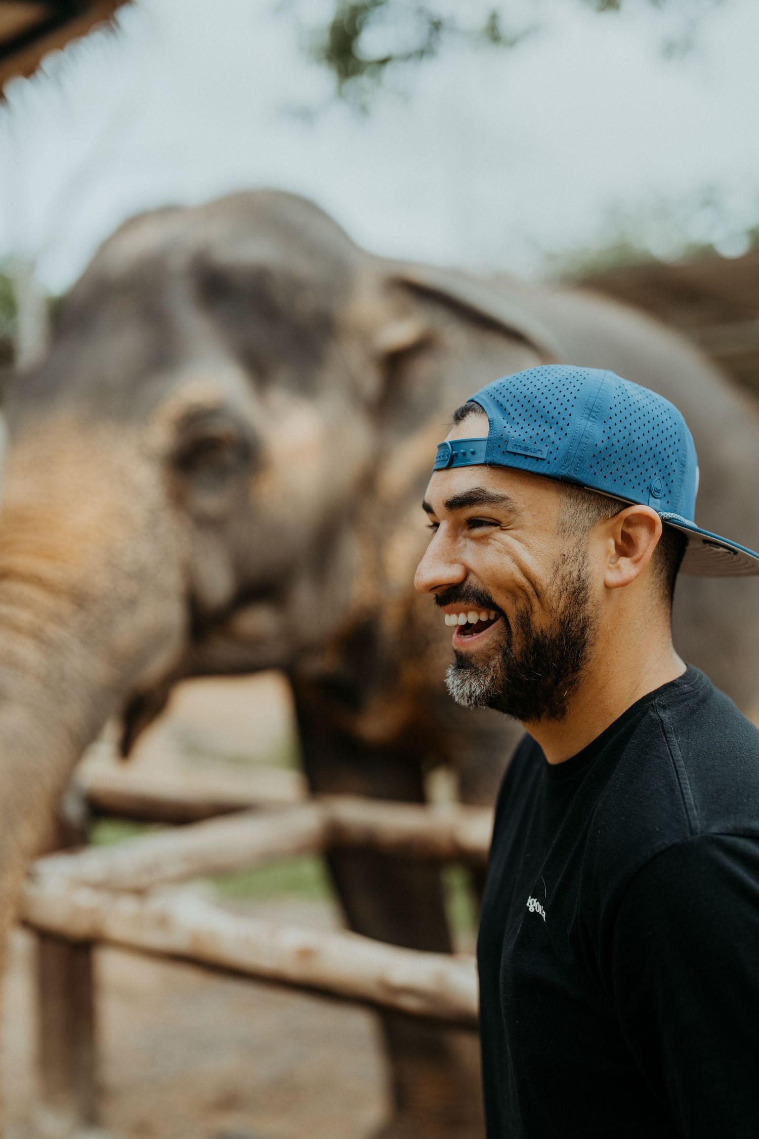 Laughing bearded man in blue cap standing beside elephant at sanctuary.