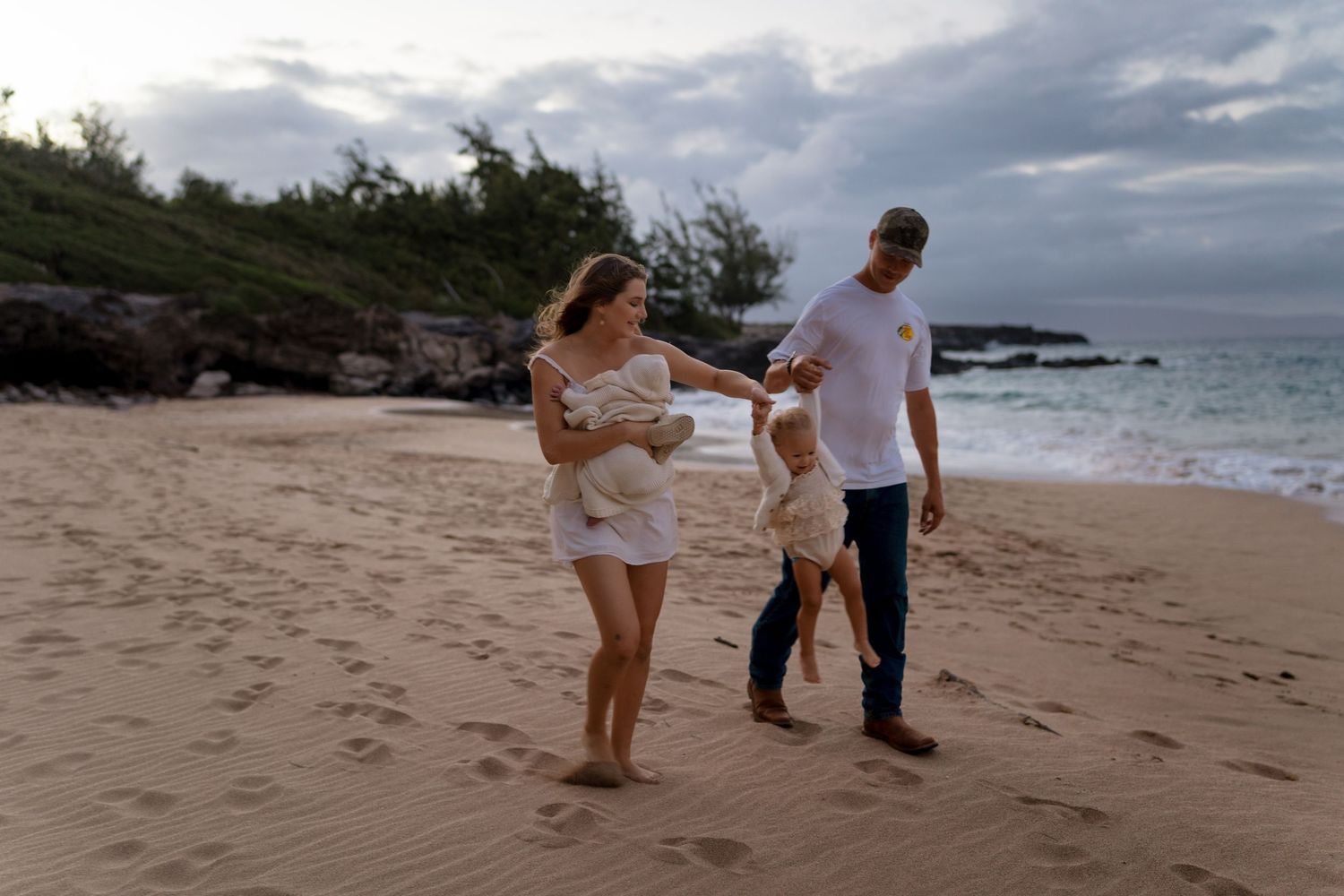 A sequence of photos showing a beach family scene with dramatic cloudy skies and ocean waves in the background.