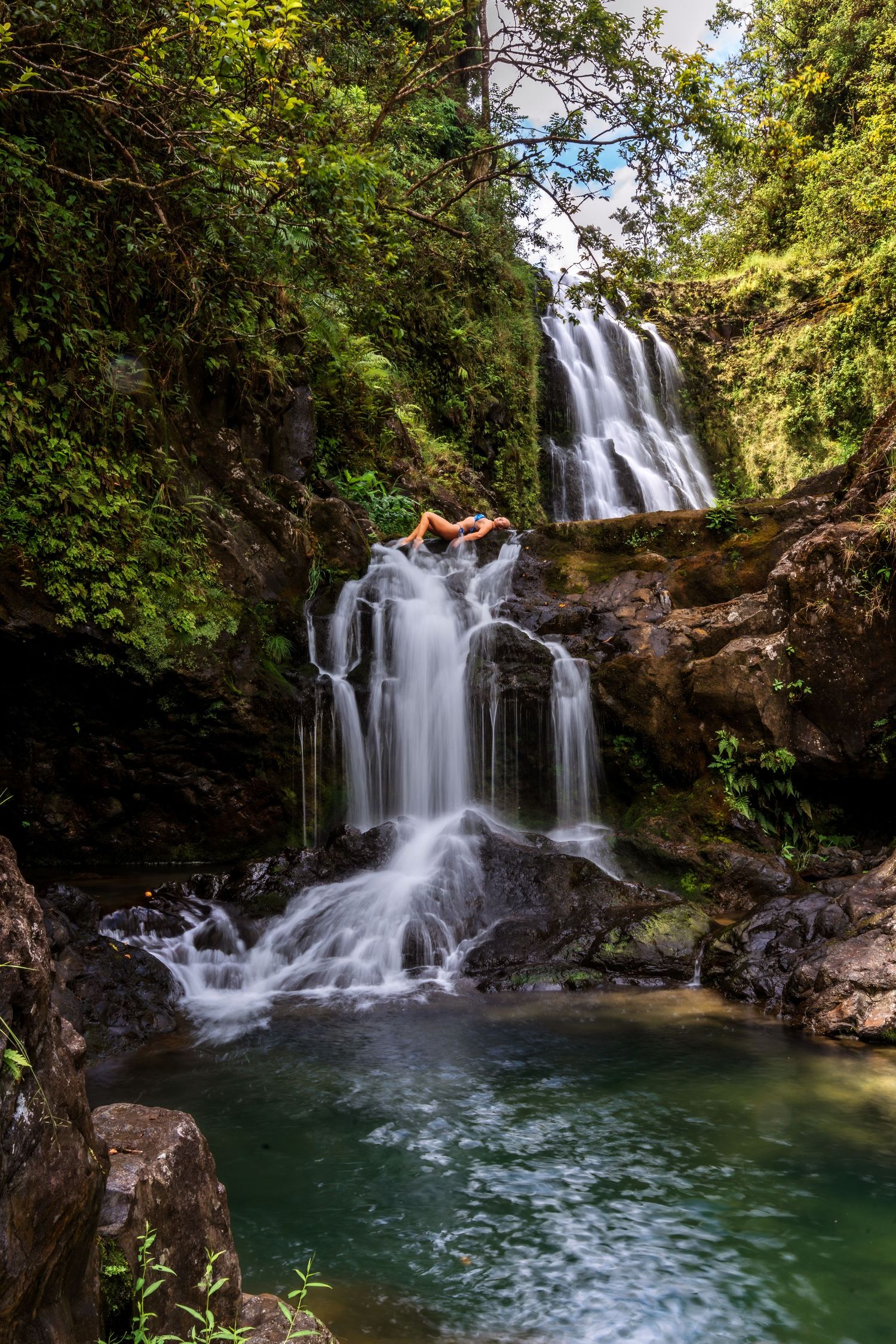 Cascading waterfall flows into a serene turquoise pool surrounded by lush forest vegetation.