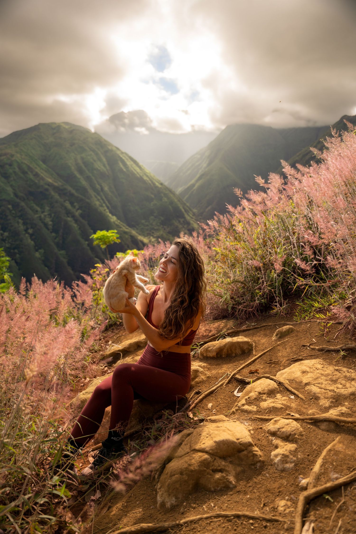 Pink flowering plants frame mountain vista on scenic hiking trail.