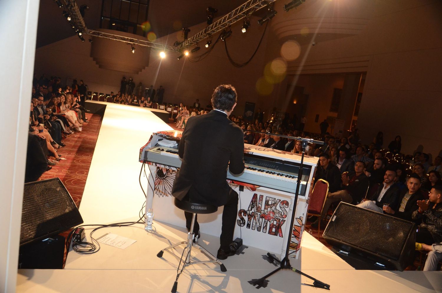 Musician performing on stage at concert venue with crowd in background and lighting equipment visible.