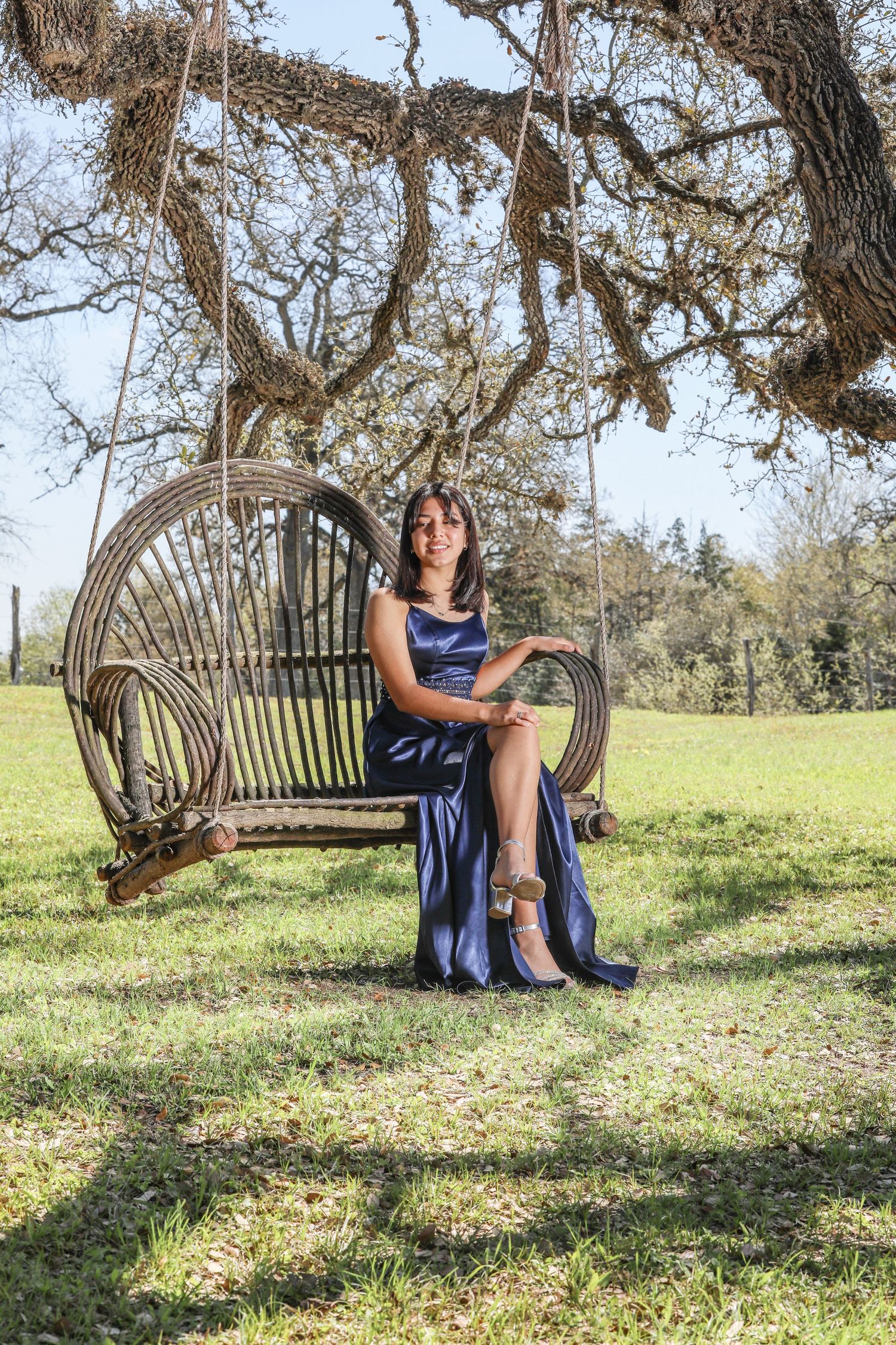 Rustic wicker swing chair hanging from oak tree branch with Spanish moss in peaceful garden setting.