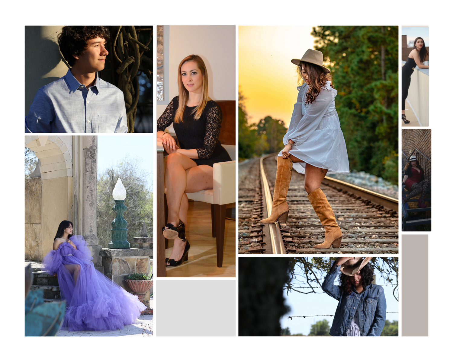Collage of lifestyle portraits featuring fashion and outdoor photography.